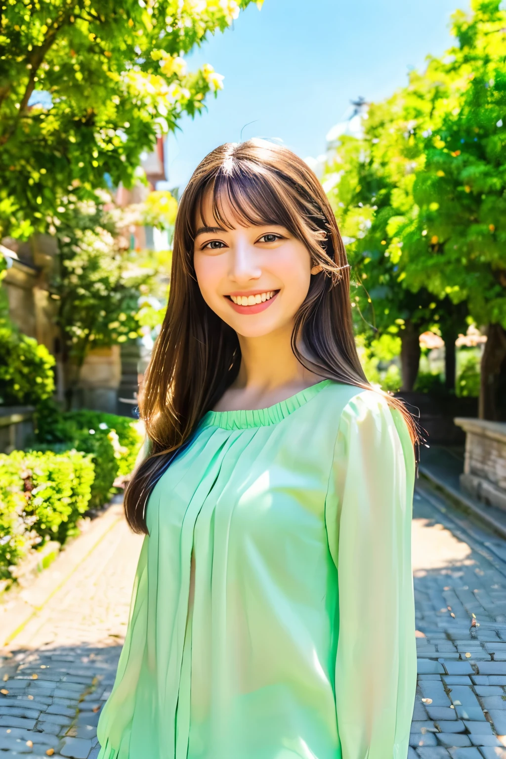(highest quality,8k,Super detailed,masterpiece:1.2),pretty girl,One girl,blouse,fringe,smile,White teeth,Symmetrical eyes,In front of the university gate,Soft sunlight,Green tree々,Flowering shrubs,stone path,Clean and tidy environment,Vibrant colors,Peaceful atmosphere,classic architecture,Clear blue sky