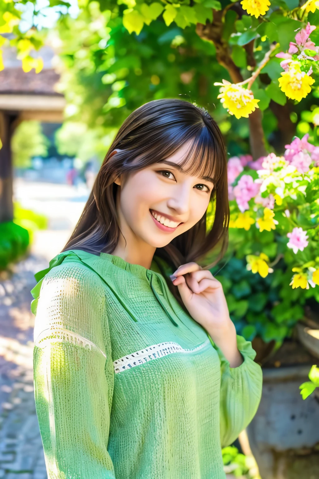 (highest quality,8k,Super detailed,masterpiece:1.2),pretty girl,One girl,blouse,fringe,smile,White teeth,Symmetrical eyes,In front of the university gate,Soft sunlight,Green tree々,Flowering shrubs,stone path,Clean and tidy environment,Vibrant colors,Peaceful atmosphere,classic architecture,Clear blue sky