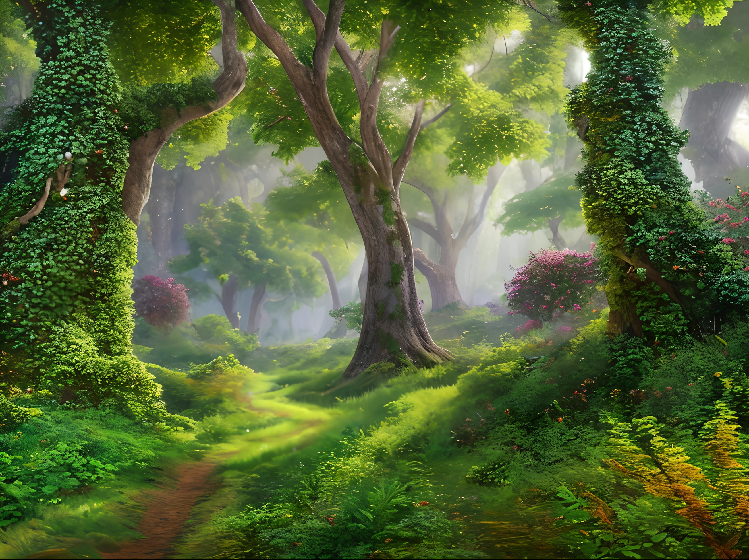 masterpiece, best quality, high quality,extremely detailed CG unity 8k wallpaper of tall trees with bubble leaves, colorful bushes and a lush undergrowth