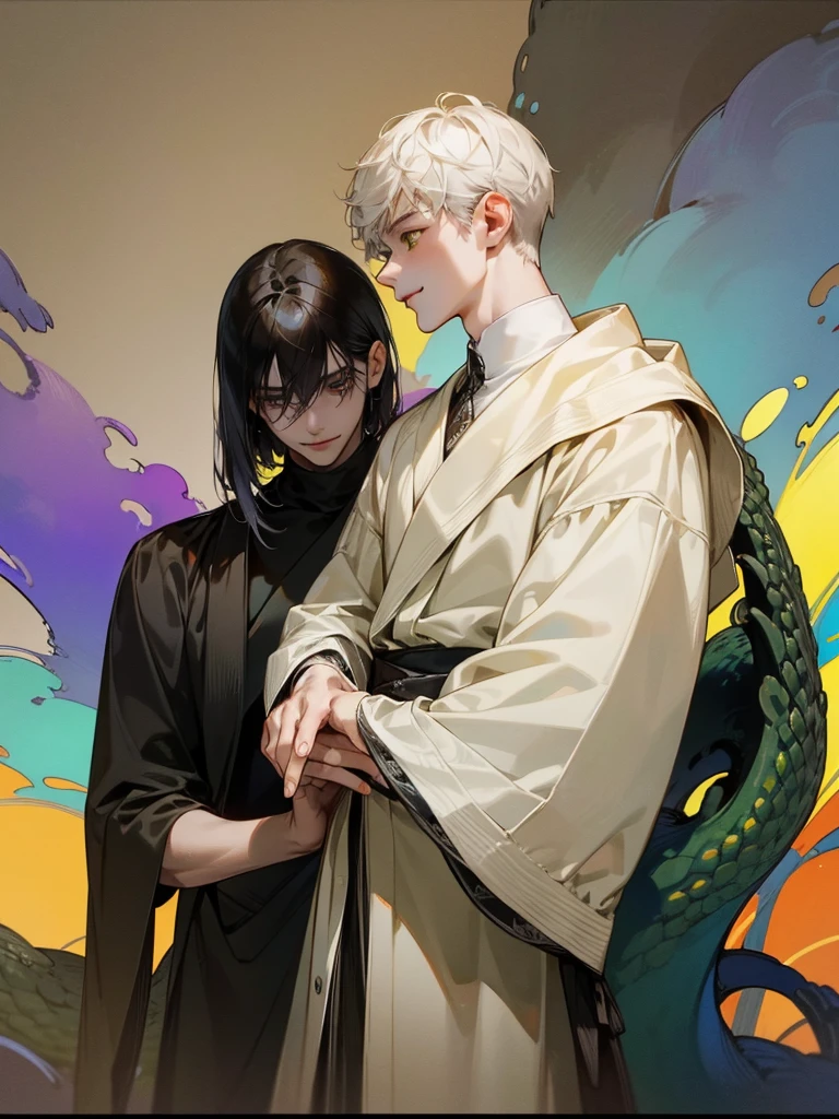 (((photographic, photo, photogenic))), extremely high quality high detail RAW color photo, Lovecraftian cybernetic horror, watercolor, otherworldly textures , high quality, detailed,
young man , 4K UHD, super detail, best quality, detailed eyes, masterpiece, 2 young men who smiles at each other with a love atmosphere ,one of them is 21years old and has a white straight short hair and green beautifull eyes this men smiles a sweet smile with quiet expression and beautiful smile and he wears a cute outfit,the second men is taller than the previous one and he is 27year and this men has acblack semi long haircut and yellow eyes and has a quiet expression face and he has a sharp eyes and wears a black clothes,high resolutions