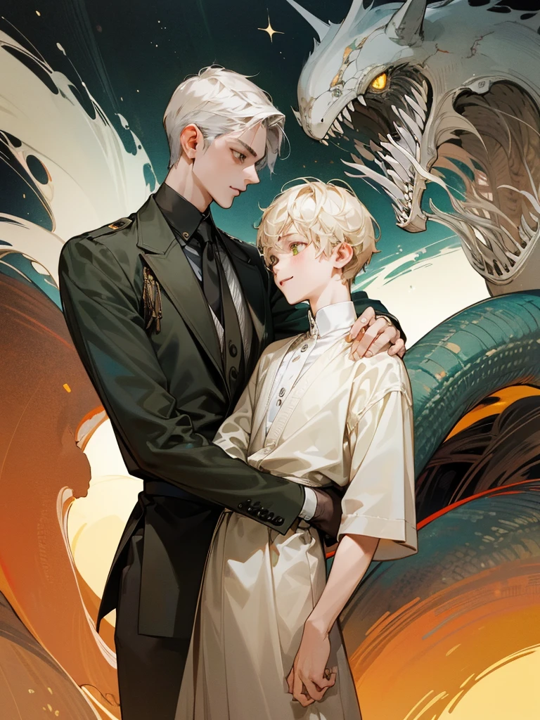 (((photographic, photo, photogenic))), extremely high quality high detail RAW color photo, Lovecraftian cybernetic horror, watercolor, otherworldly textures , high quality, detailed, 
young man , 4K UHD, super detail, best quality, detailed eyes, masterpiece, 2 young men who smiles at each other with a love atmosphere ,one of them is 21years old and has a white straight short hair and green beautifull eyes this men smiles a sweet smile with quiet expression and beautiful smile and he wears a cute outfit,the second men is taller than the previous one and he is 27year and this men has acblack semi long haircut and yellow eyes and has a quiet expression face and he has a sharp eyes and wears a black clothes,high resolutions 
