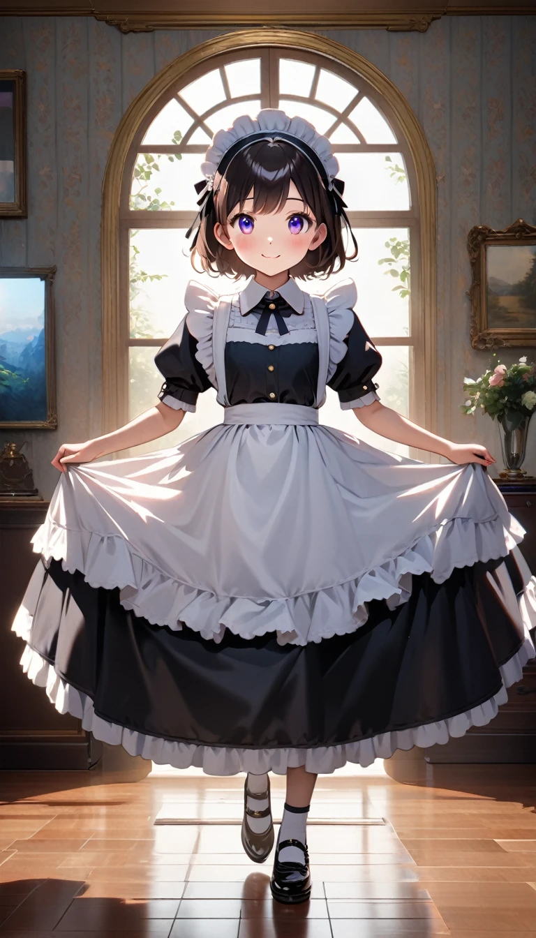 female\(cute,age of 10,es,victorian maid,black long dress,full body,smile,spin around,skirt\(spreads,flutters\)\), BREAK ,background\(inside,victorian style room,glorious,colorful,cute\), BREAK ,quality\(8k,wallpaper of extremely detailed CG unit, ​masterpiece,hight resolution,top-quality,top-quality real texture skin,hyper realisitic,increase the resolution,RAW photos,best qualtiy,highly detailed,the wallpaper,cinematic lighting,ray trace,golden ratio\),((close up maid dress))