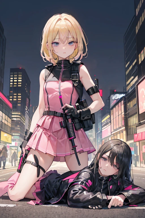 City of night, City in Ruins, Street, Multiple adult male corpses lying on the ground, Stand in the middle of the road2People Girl, Sisters lined up, (Accurate anatomy, Facing forward, Black Hair, Dark Eyes, Combat Uniform(Black bodysuit, Black bulletproof jacket, Knee-high boots, Combat knife in a sheath on the chest), Holding a cigarette, Half-closed eyes, Carrying a carbine rifle), 11-year-old girly, Looking to the side, Blonde blue-eyed beautiful girl, Magical girl(Pink outfit, Sleeveless outfit, Pink mini skirt, Magical girlの杖), There's a squirrel on my shoulder),