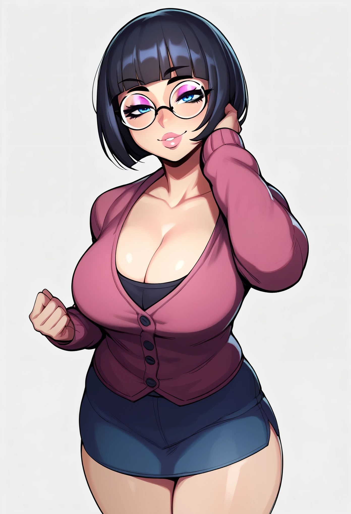score_9, score_8_up, score_7_up, score_6_up, score_5_up, score_4_up, BREAK 1girl, mature, motherly, black hair, bob cut hair, straight hair, short hair, blue eyes, thick lips, gentle smile, long eyelashes, half-closed eyes, black-framed eyewear, round eyewear, blunt bangs, adult, black eyeliner, pink eyeshadow, looking at viewer, BREAK solo, standing, cleavage, large breast, adult, skinny, arched back, thigh gap, cardigan, BREAK (white background:1.2), simple background, dynamic pose, dynamic angle, angled shot,
