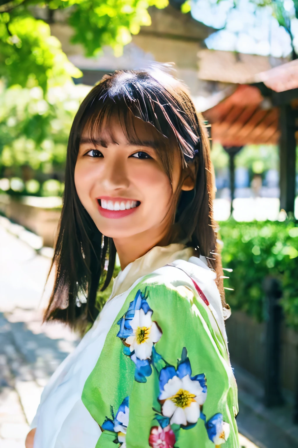 (highest quality,8k,Super detailed,masterpiece:1.2),pretty girl,One girl,blouse,fringe,smile,White teeth,Symmetrical eyes,In front of the university gate,Soft sunlight,Green tree々,Flowering shrubs,stone path,Clean and tidy environment,Vibrant colors,Peaceful atmosphere,classic architecture,Clear blue sky