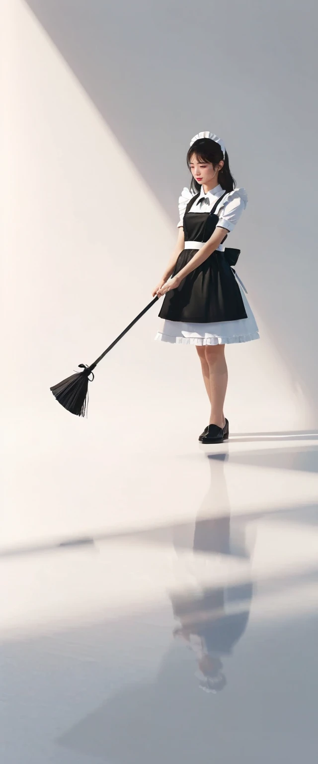 a minimalist maid, 1girl, simple maid outfit, minimalistic design, white and black color palette, clean lines, minimalist background, elegant pose, serene expression,  fullbody, (best quality,4k,8k,highres,masterpiece:1.2),ultra-detailed,(realistic,photorealistic,photo-realistic:1.37),digital painting, cinematic lighting, soft shadows, natural colors