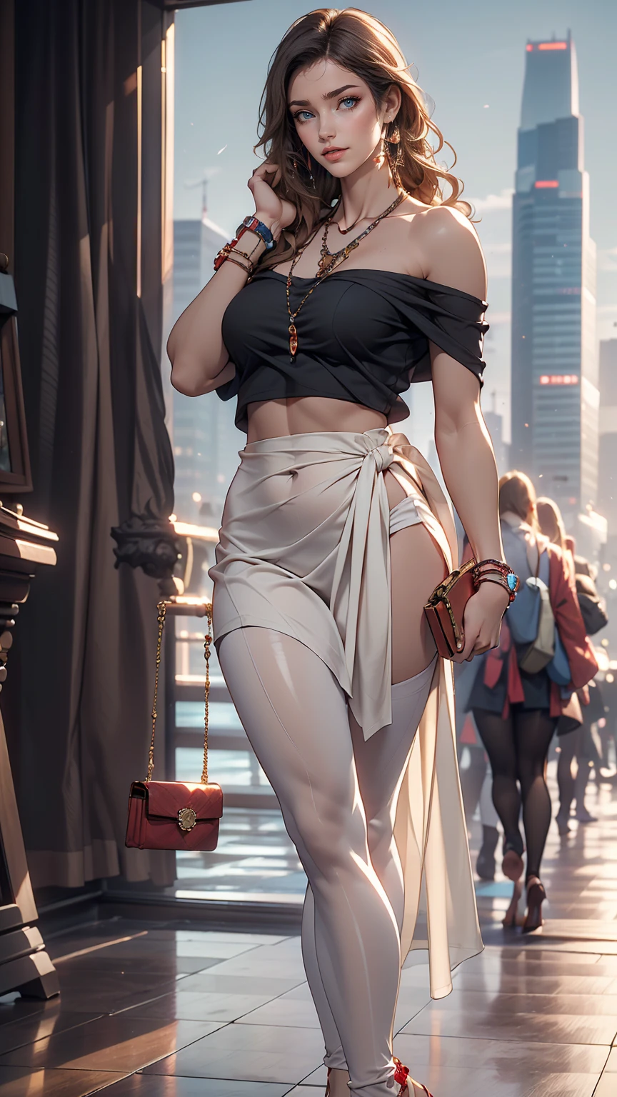 (8K, RAW Photos, highest quality, masterpiece:1.2), (Realistic, photo-Realistic:1.37)、Earrings, eyelash, pantyhose、セクシーな刺激的なsmile、 (Shiny skin:1.05)、Venus Body、Having her hair done、My chest is popping out、Wear accessories on your wrist、Wearing accessories on the ankle、Background blur((depth of field)、smile、23 year old white female、Brunette、long hair、blue eyes、Sheer draped neck((draped neck))Wear tops、Wear sheer, low-rise leggings、Have a clutch bag、Skyscraper background、Chest pop、垂れ方がRealistic乳房