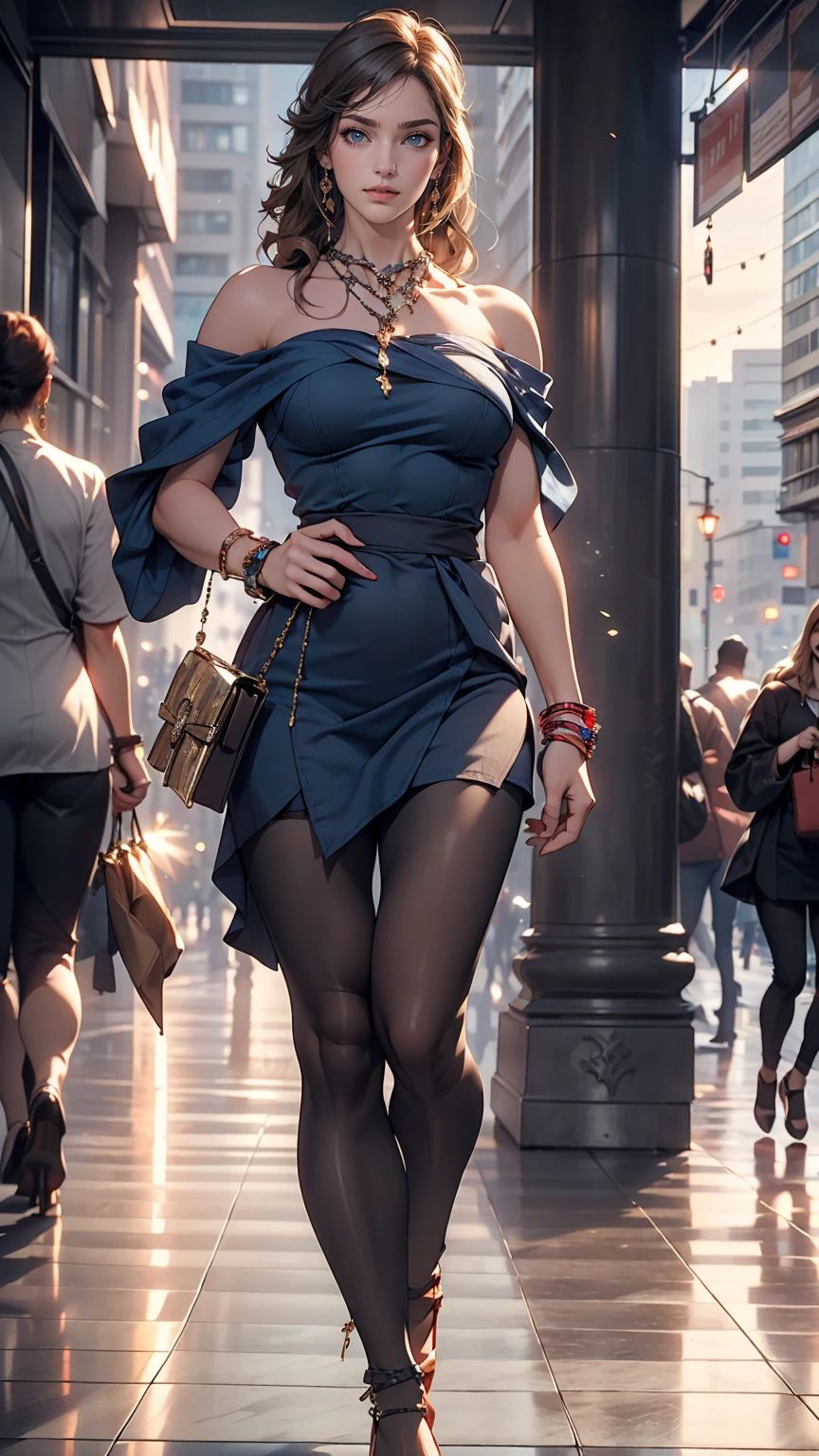 (8K, RAW Photos, highest quality, masterpiece:1.2), (Realistic, photo-Realistic:1.37)、Earrings, eyelash, pantyhose、セクシーな刺激的なsmile、 (Shiny skin:1.05)、Venus Body、Having her hair done、My chest is popping out、Wear accessories on your wrist、Wearing accessories on the ankle、Background blur((depth of field)、smile、23 year old white female、Brunette、long hair、blue eyes、Sheer draped neck((draped neck))Wear tops、Wear sheer, low-rise leggings、Have a clutch bag、Skyscraper background、Chest pop、垂れ方がRealistic乳房