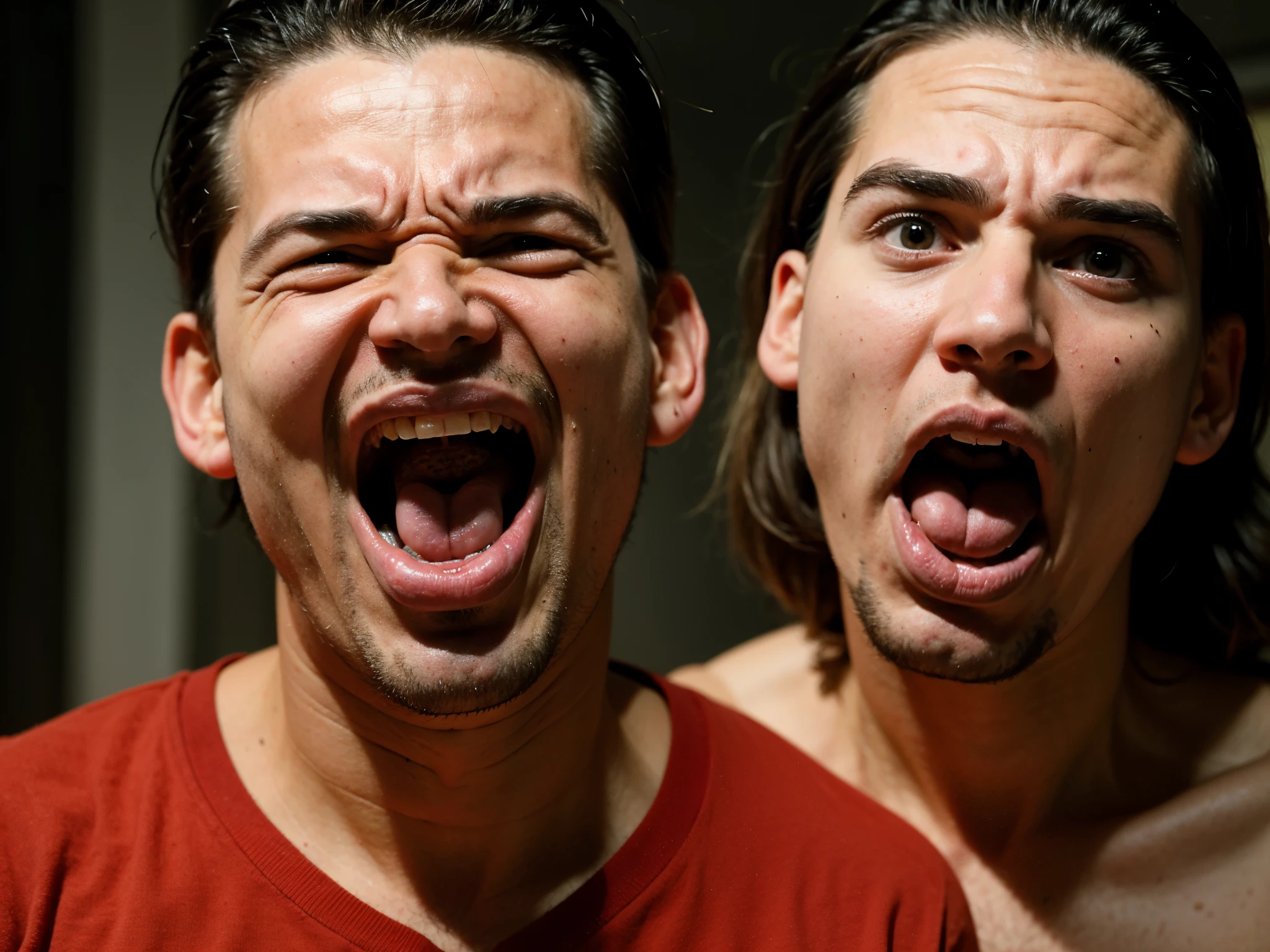 A man screams и грустит, A man screams, shocked expression, scared man, he is screaming, Portrait of a frightened man&#39;face, mad A man screams, disappointed expression on hiface, expression of horror, Someone's screaming, People are in a panic, tense screaming facial expression, shutterstock, Испуганное face, (close-up, editorial photograph of [[(eyes of a mentally ill, insane psychopath. the anguish reflected in eyes), (masterpiece:1.2), wide angle photo]], (background inside dark, moody, private study:1.3), full body portrait, by lee jeffries, nikon d850, film stock photograph, 4 kodak portra 400, camera f1.6 lens, rich colors, hyper realistic, lifelike texture, dramatic lighting, cinestill 800