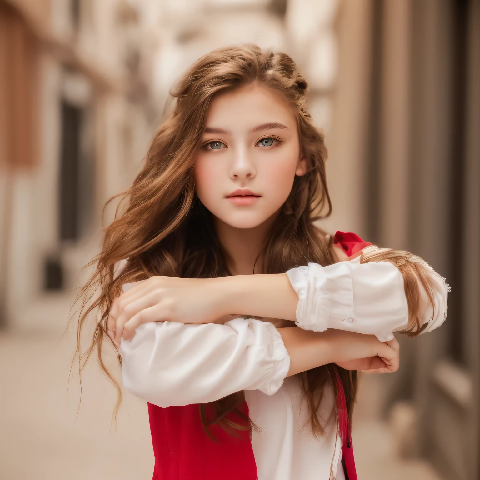 arafed Young Girls with long hair and a red vest, Beautiful young model, cute Young Girls, beautiful Young Girls, Young Girls, Long hair young man, Beautiful girl model, Young cute girl, Girl&#39;s photo, Very beautiful model, Long hair and red shirt, Casual posture, Beautiful portrait photos, High quality portrait shooting, Dramatic serious pose, Shooting Portraits