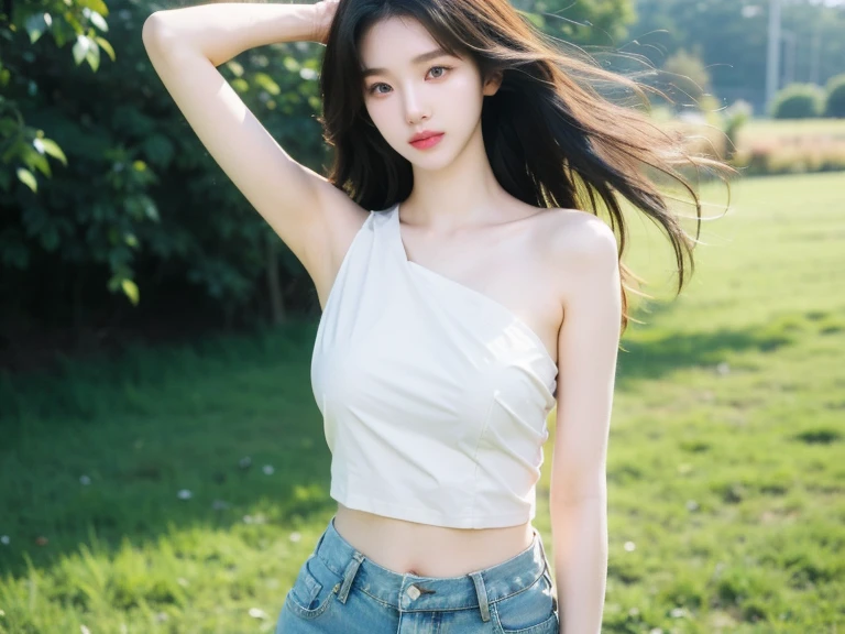 Close-up of woman in white shirt and denim shorts, young korean woman, Korean model, sexy, standing in the green meadow, The wind is blowing strong., Beautiful sunlight, clear sky, shoulder, armpit, collarbone, big breasts, abdomen, navel, Beautiful legs.