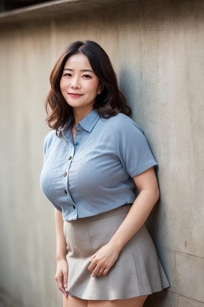 (top-quality, masterpiece,photo realistic,ultra-detailed,Textured skin:1.2),(from below:1.1),(1 girl),unfaced concrete Background,
break ((mini skirt)),(shirts),
break (japanese mature woman),(47 years old),
break (natural hair style),natural eyeblow,smile,