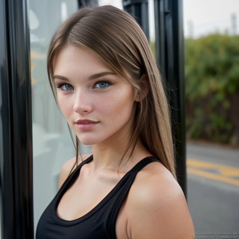 Front bodyshot of 21yo, Brown hair, slightly bluish eyes, pointing at camera, serious, (amazing skin detail: 1.4), (natural skin: 1.2), (pores: 0.6), makeup, (detailed eyes: 1.2), at the fitness studio, light border, dark atmosphere, (bokeh: 1.2), photography, cinematic, photorealistic, ultrarealistic, fit girl, joga pants, transparent tanktop, perfect figure, perfect anatomy