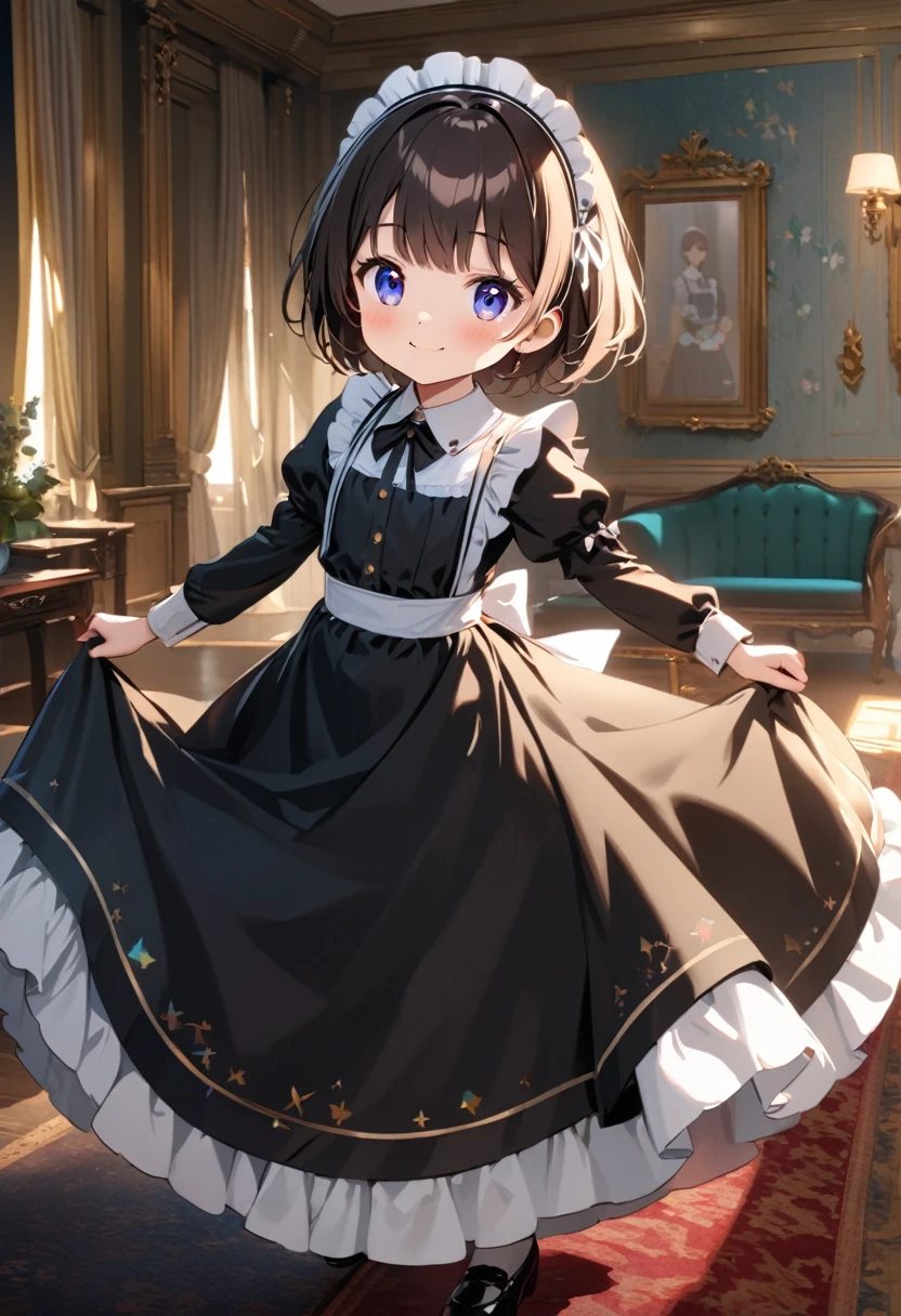 female\(cute,small kid,age of 10,cosmic eyes,victorian maid,black long dress,full body,smile,spin around,skirt\(spreads,flutters\)\), BREAK ,background\(inside,victorian style room,glorious,colorful,cute\), BREAK ,quality\(8k,wallpaper of extremely detailed CG unit, ​masterpiece,hight resolution,top-quality,top-quality real texture skin,hyper realisitic,increase the resolution,RAW photos,best qualtiy,highly detailed,the wallpaper,cinematic lighting,ray trace,golden ratio\),(close up dress:1.6)