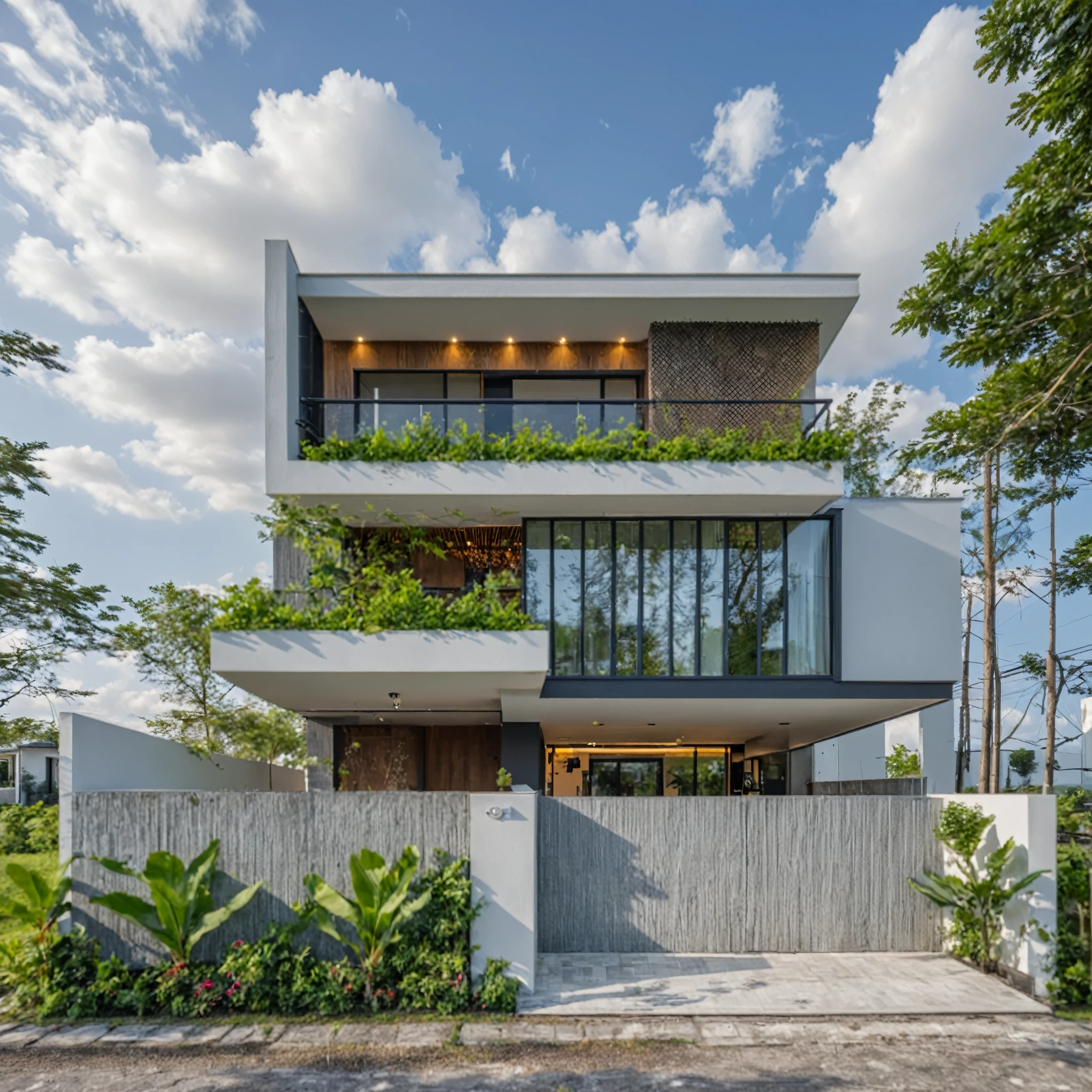 Masterpiece, high quality, best quality, authentic, super detail, outdoors, onestoreyvillaXL, aiaigroup, house style modern on the street ,stairs, white wall ,road,pavement, grass, trees, sky, cloud, (daylight:1.1)