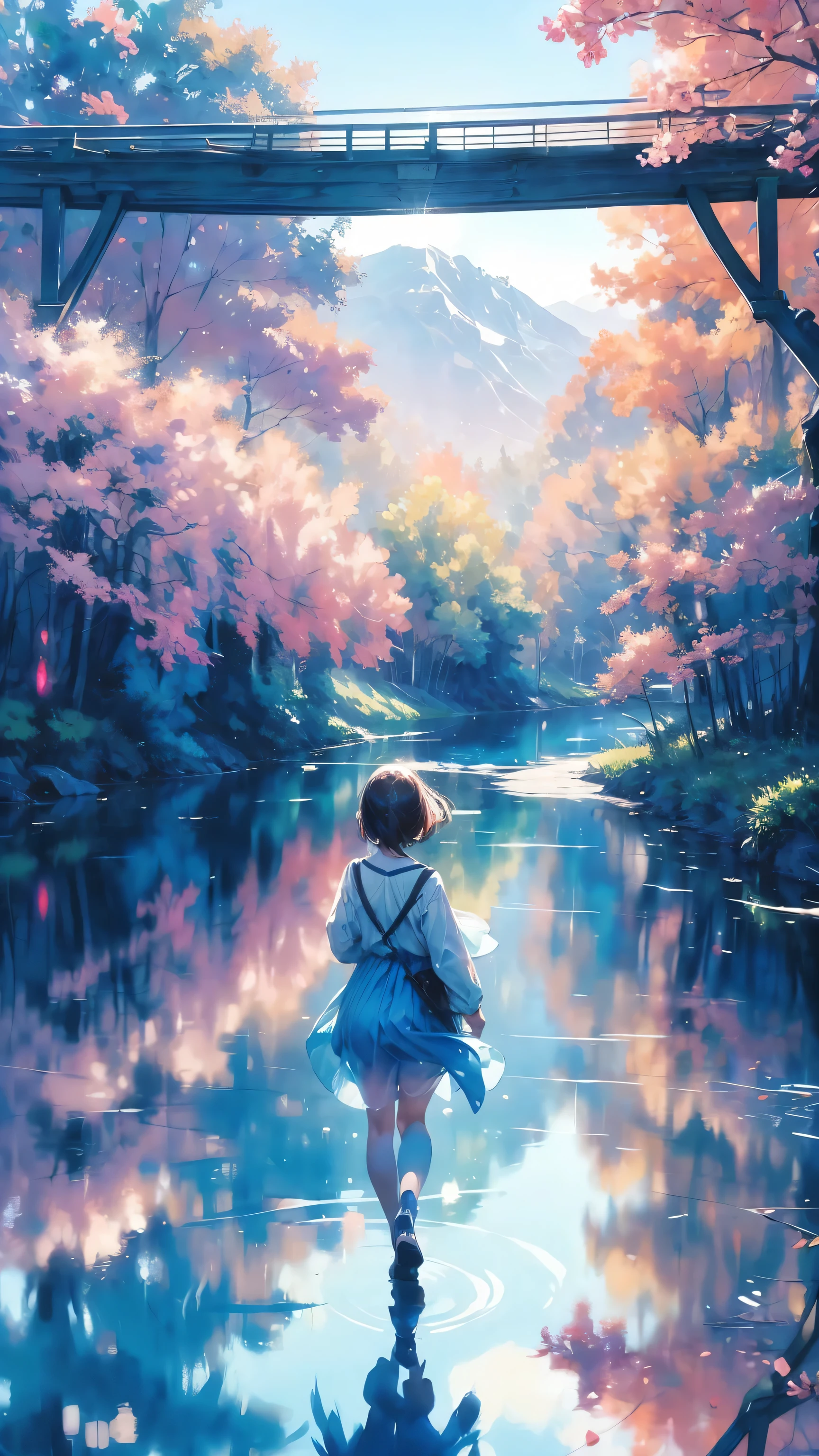 (Watercolor style, The art of spectroscopy) + Enjoy a panoramic view of the majestic river + Back of clothing (Vista) + (flowing + Subtle reflection) + (mix + splash) + (The light and shadow are clear + Swing Dynamics)
