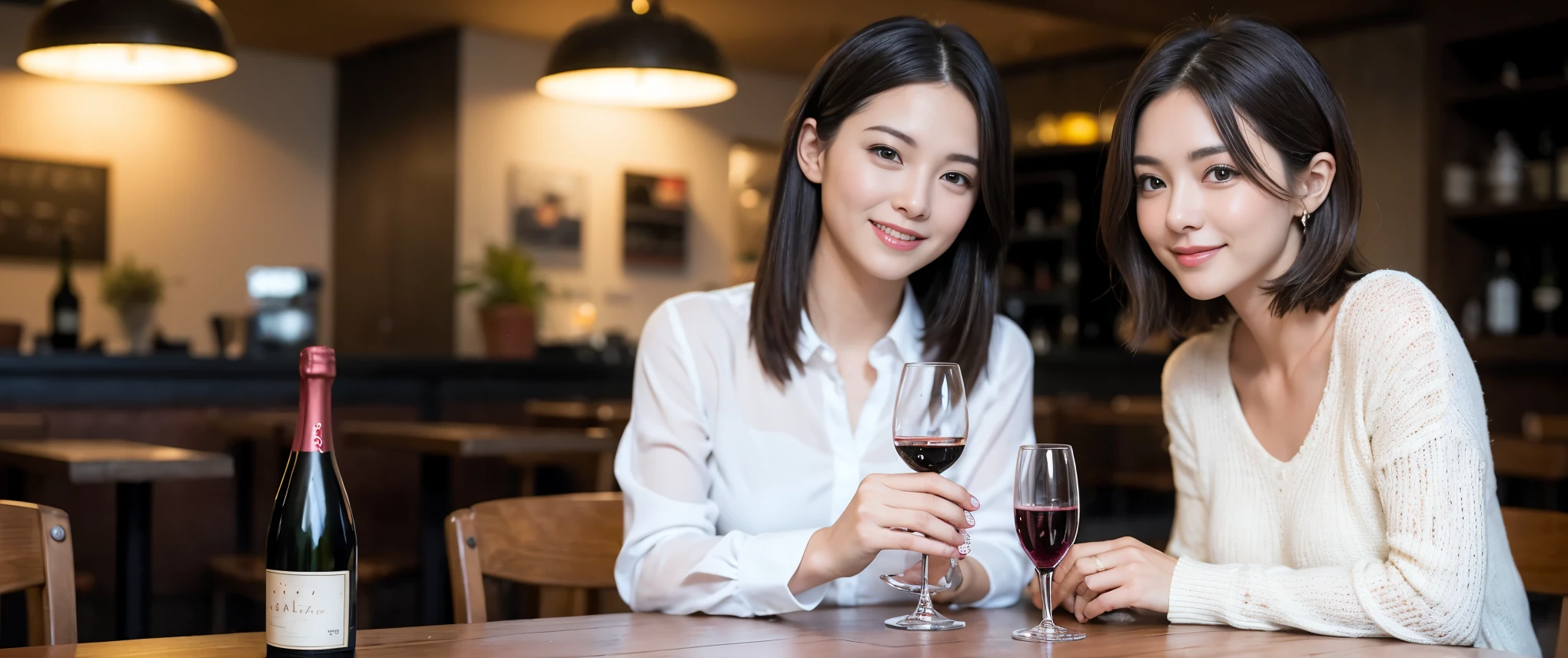 ((highest quality、8k、masterpiece:1.3))、1 male、1 female、Couple、spouse、Couple、Slim body、((Bob Hale、Straight hair:1.2)), (Realistic, Intricate details:1.2), Wine glass on the table、Shine light on your face、 Amazing view of the sunset sky and clouds、Amazing mountain views、A bright smile、The wonderfulness of smile、Bright image、The beauty of wine, Beautiful Face, blue eyes, The light shines on your face, Blushing, short hair,Bright Face、 (Age 37), 39 years old, red wine 、Appetizers、Italian food、Wine bottle、Champagne、sparkling wine、Two beauties、Brown Hair、Shortcuts、Long sleeve shirt、dress、Pretty Woman 1, (Slim face), (The body is slim), (Brown Hair), (Shortcuts), cheeks turn a little red,Attractive beauty、restaurant, In a prominent place (From the waist up) Nova Frog Style, actress, model, Upper Body, White wine, slim, wine glass, Wine glass placed in the center, smile, (smile: 1.15), Beautiful fine grain, Depth f/2,saturation, High Contrast, Strong light and shadow,Moist Body:1.5、3D texture、Delicate eyes、Brown Hair、The hair is very shiny、