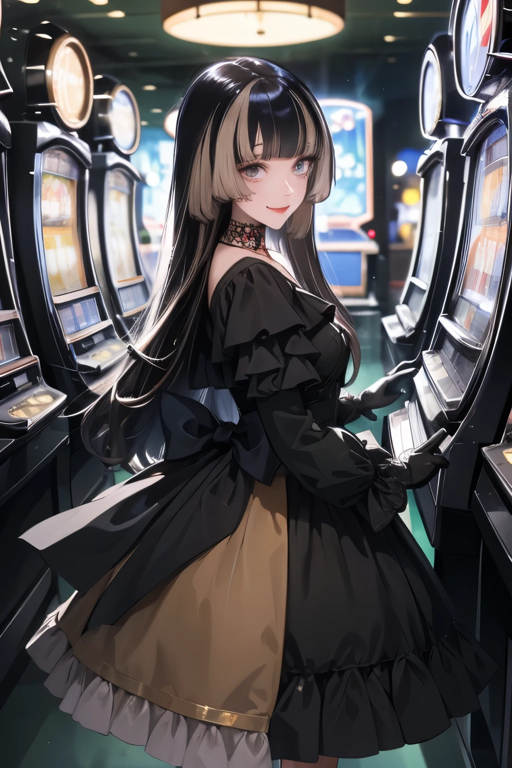 masterpiece, best quality, absurdres, RadenBase, choker, black dress, frills, long sleeves, black gloves,  smile, a hallway lined with slot machines, In the dim light, only the slot machine is lit,