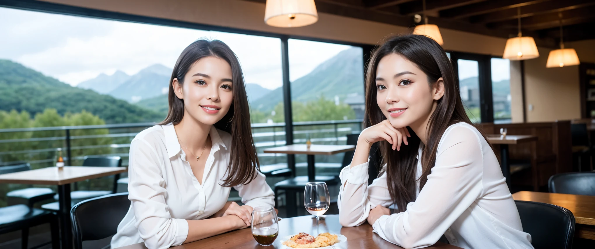 ((highest quality、8k、masterpiece:1.3))、1 male、1 female、Couple、spouse、Couple、Slim body、((Bob Hale、Straight hair:1.2)), (Realistic, Intricate details:1.2), Wine glass on the table、Shine light on your face、 Amazing view of the sunset sky and clouds、Amazing mountain views、A bright smile、The wonderfulness of smile、Bright image、The beauty of wine, Beautiful Face, blue eyes, The light shines on your face, Blushing, short hair,Bright Face、 (Age 37), 39 years old, red wine 、Appetizers、Italian food、Wine bottle、Champagne、sparkling wine、Two beauties、Brown Hair、Shortcuts、Long sleeve shirt、dress、Pretty Woman 1, (Slim face), (The body is slim), (Brown Hair), (Shortcuts), cheeks turn a little red,Attractive beauty、restaurant, In a prominent place (From the waist up) Nova Frog Style, actress, model, Upper Body, White wine, slim, wine glass, Wine glass placed in the center, smile, (smile: 1.15), Beautiful fine grain, Depth f/2,saturation, High Contrast, Strong light and shadow,Moist Body:1.5、3D texture、Delicate eyes、Brown Hair、The hair is very shiny、