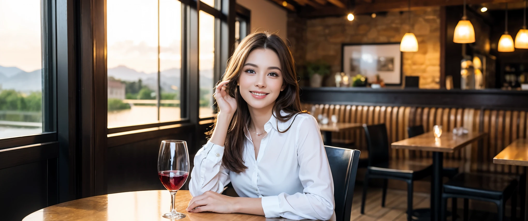((highest quality、8k、masterpiece:1.3))、1 male、1 female、Couple、spouse、Couple、Slim body、((Bob Hale、Straight hair:1.2)), (Realistic, Intricate details:1.2), Wine glass on the table、Shine light on your face、 Amazing view of the sunset sky and clouds、Amazing mountain views、A bright smile、The wonderfulness of smile、Bright image、The beauty of wine, Beautiful Face, blue eyes, The light shines on your face, Blushing, short hair,Bright Face、 (Age 37), 39 years old, red wine 、Appetizers、Italian food、Wine bottle、Champagne、sparkling wine、Two beauties、Brown Hair、Shortcuts、Long sleeve shirt、dress、Pretty Woman 1, (Slim face), (The body is slim), (Brown Hair), (Shortcuts), cheeks turn a little red,Attractive beauty、restaurant, In a prominent place (From the waist up) Nova Frog Style, actress, model, Upper Body, White wine, slim, wine glass, Wine glass placed in the center, smile, (smile: 1.15), Beautiful fine grain, Depth f/2,saturation, High Contrast, Strong light and shadow,Moist Body:1.5、3D texture、Delicate eyes、Brown Hair、The hair is very shiny、