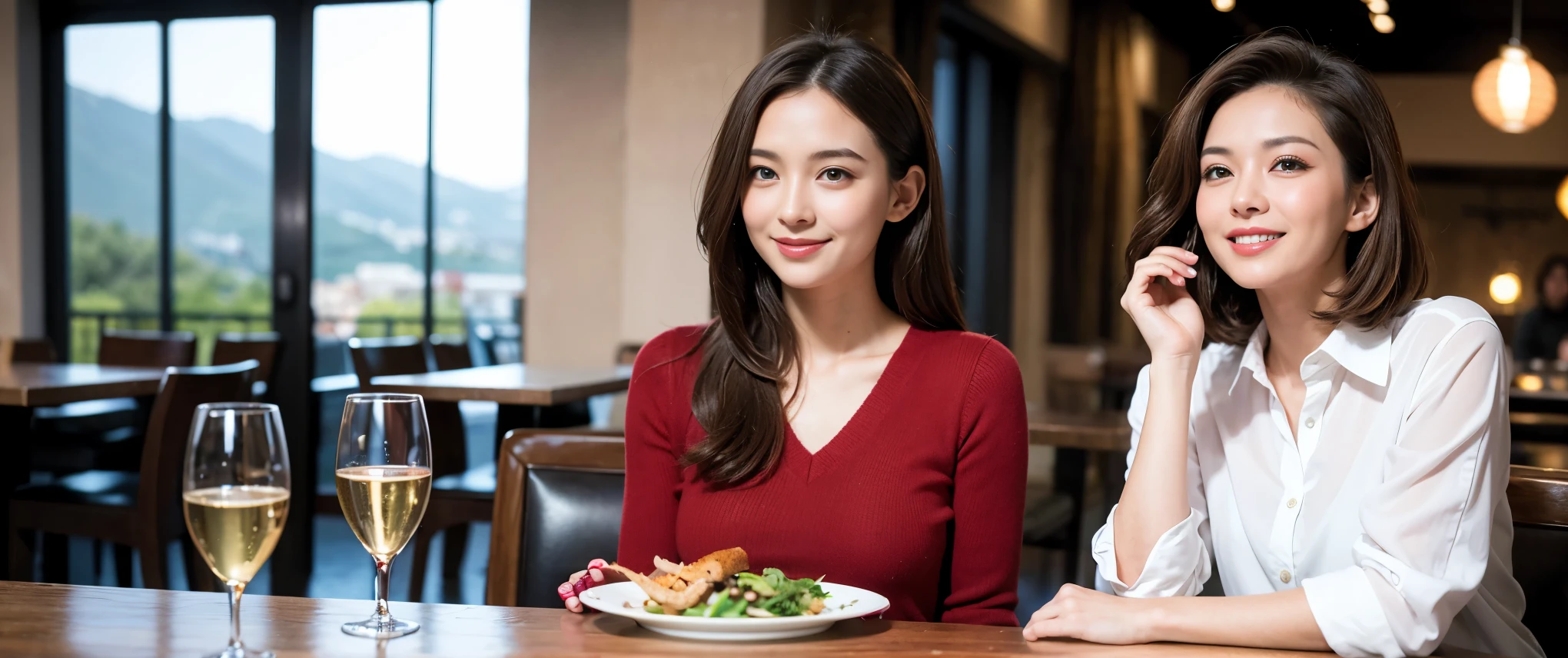 ((highest quality、8k、masterpiece:1.3))、1 male、1 female、Couple、spouse、Couple、Slim body、((Bob Hale、Straight hair:1.2)), (Realistic, Intricate details:1.2), Wine glass on the table、Shine light on your face、 Amazing view of the sunset sky and clouds、Amazing mountain views、A bright smile、The wonderfulness of smile、Bright image、The beauty of wine, Beautiful Face, blue eyes, The light shines on your face, Blushing, short hair,Bright Face、 (Age 37), 39 years old, red wine 、Appetizers、Italian food、Wine bottle、Champagne、sparkling wine、Two beauties、Brown Hair、Shortcuts、Long sleeve shirt、dress、Pretty Woman 1, (Slim face), (The body is slim), (Brown Hair), (Shortcuts), cheeks turn a little red,Attractive beauty、restaurant, In a prominent place (From the waist up) Nova Frog Style, actress, model, Upper Body, White wine, slim, wine glass, Wine glass placed in the center, smile, (smile: 1.15), Beautiful fine grain, Depth f/2,saturation, High Contrast, Strong light and shadow,Moist Body:1.5、3D texture、Delicate eyes、Brown Hair、The hair is very shiny、