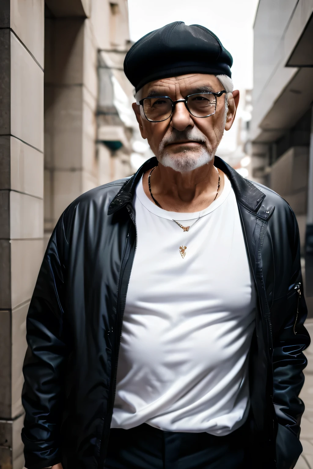 old  male, old  male без бороды, glasses, old glasses , dark jacket, White T-shirt