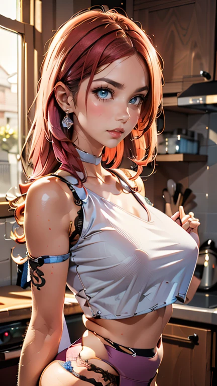 (((HD photo, anime style))), ultra high res.photorealistic:. 1.4, UHD, masterpiece, trending on artstation, portrait, upper body shot, 1girl, pretty, cute face, most beautiful in the world, cleavage showing, soft, delicate, (very long pink hair, accentuated super huge enormously gigantic , tattoo sleeves and piercings), curvy athletic figure, (wearing crop top and micro thong lace panties:1.8), sexy seductive slutty pose:1.4, luxurious kitchen background, sfw