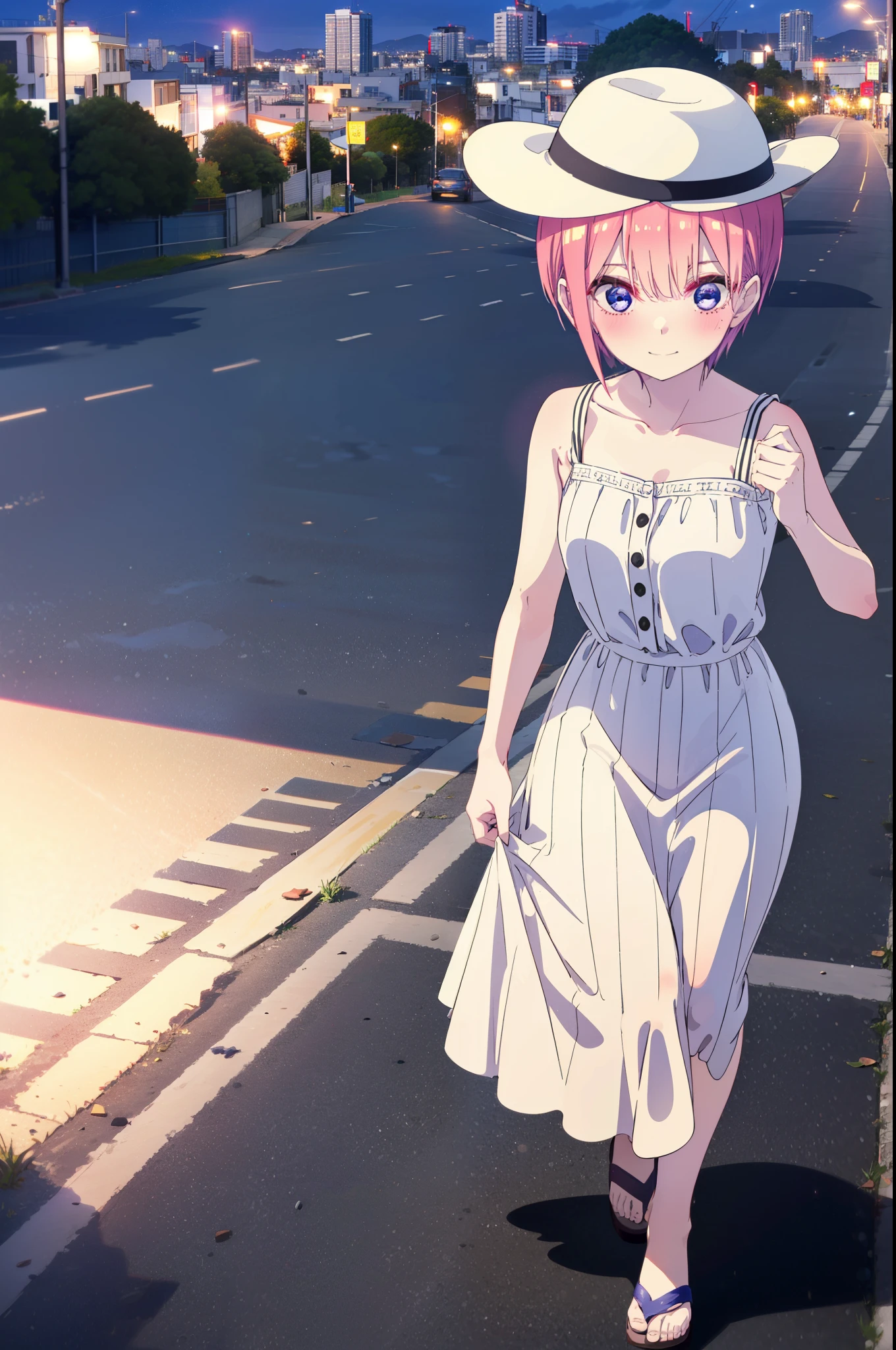 ichikanakano, ichika nakano, short hair, bangs, blue eyes, Hair between the eyes, Pink Hair, Big white hat,smile,Sleeveless white dress,Bare arms,White long skirt,Cute heeled sandals,whole bodyがイラストに入るように,Looking down from above,walk,moonlight,night,ロマンチックなnight景,
break outdoors, city,海岸通り
break looking at viewer, whole body,
break (masterpiece:1.2), highest quality, High resolution, unity 8k wallpaper, (shape:0.8), (Beautiful details:1.6), Highly detailed face, Perfect lighting, Highly detailed CG, (Perfect hands, Perfect Anatomy),