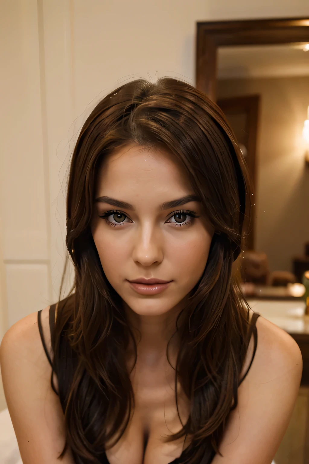 create a 25 year old woman, italienne, avec des yeux marrons verres, des cheveux onduler marron foncer, well defined lips and pretty fine lines