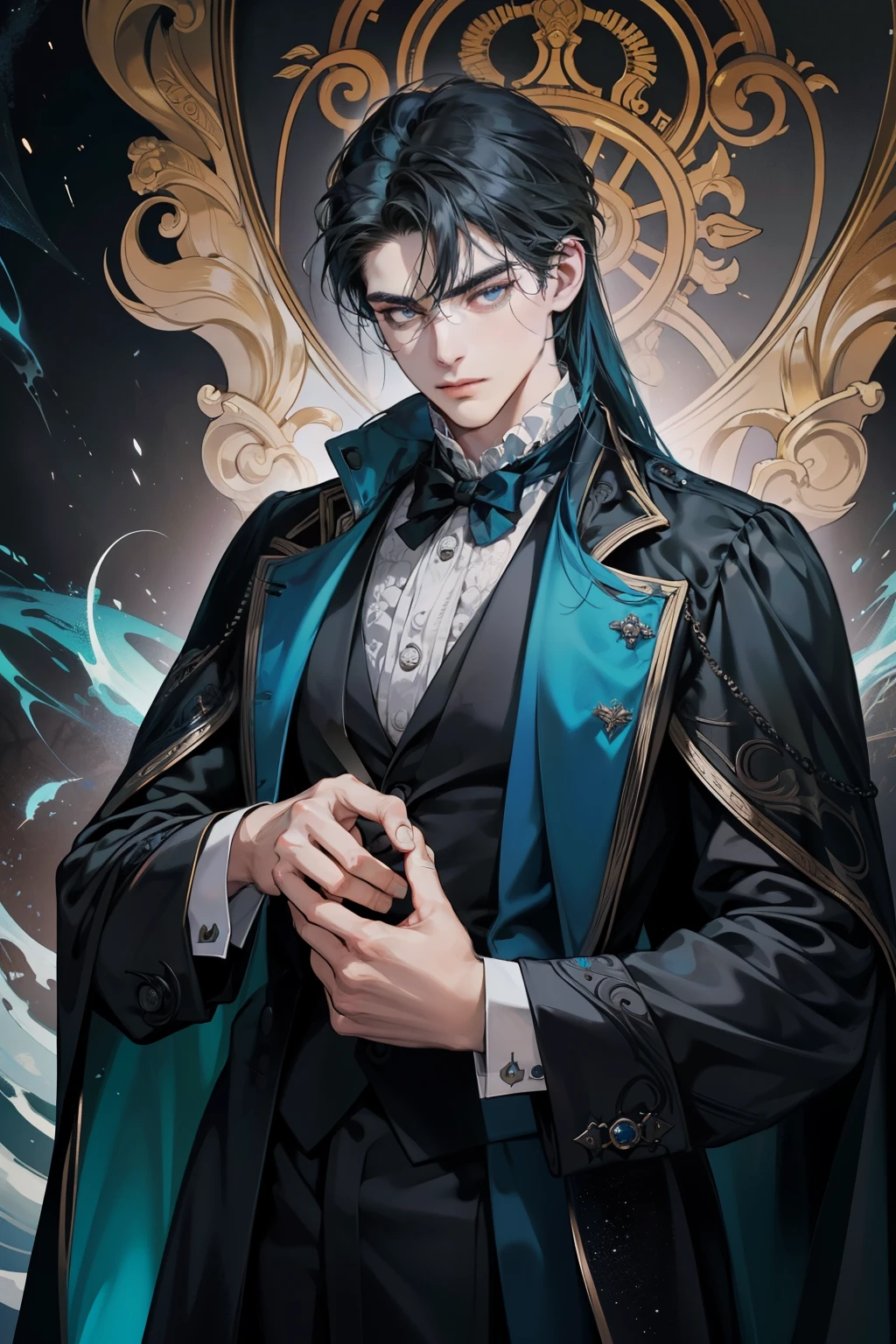The Lord of Mysteries, portrayed as the male protagonist named Klein, is depicted in a captivating image set during the Victorian era, the steam age serving as a backdrop. The overall visual style showcases elements reminiscent of Cthulhu, with Klein donning a tailored suit that subtly echoes the mythical entity's influence. His facial features are finely detailed, accentuating the lines of concern etched upon his brow, giving weight to his role as the enigmatic lead.
His eyes are a striking anomaly, displaying a hypnotic iridescence similar to Cthulhu's, capturing the gaze of any who behold them.