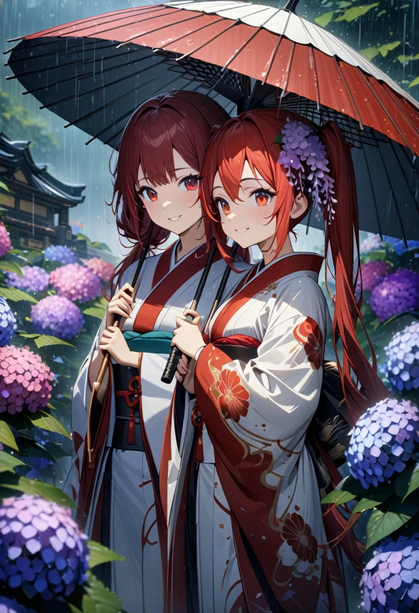 a beautiful detailed two girls with long red hair in twin tails, red eyes, wearing a cyborg style gorgeous red and white japanese kimono, holding a japanese umbrella, wisteria flower decoration in hair, in a rainy background with many hydrangeas, smiling and perfectly holding the umbrella, (best quality,4k,8k,highres,masterpiece:1.2),ultra-detailed,