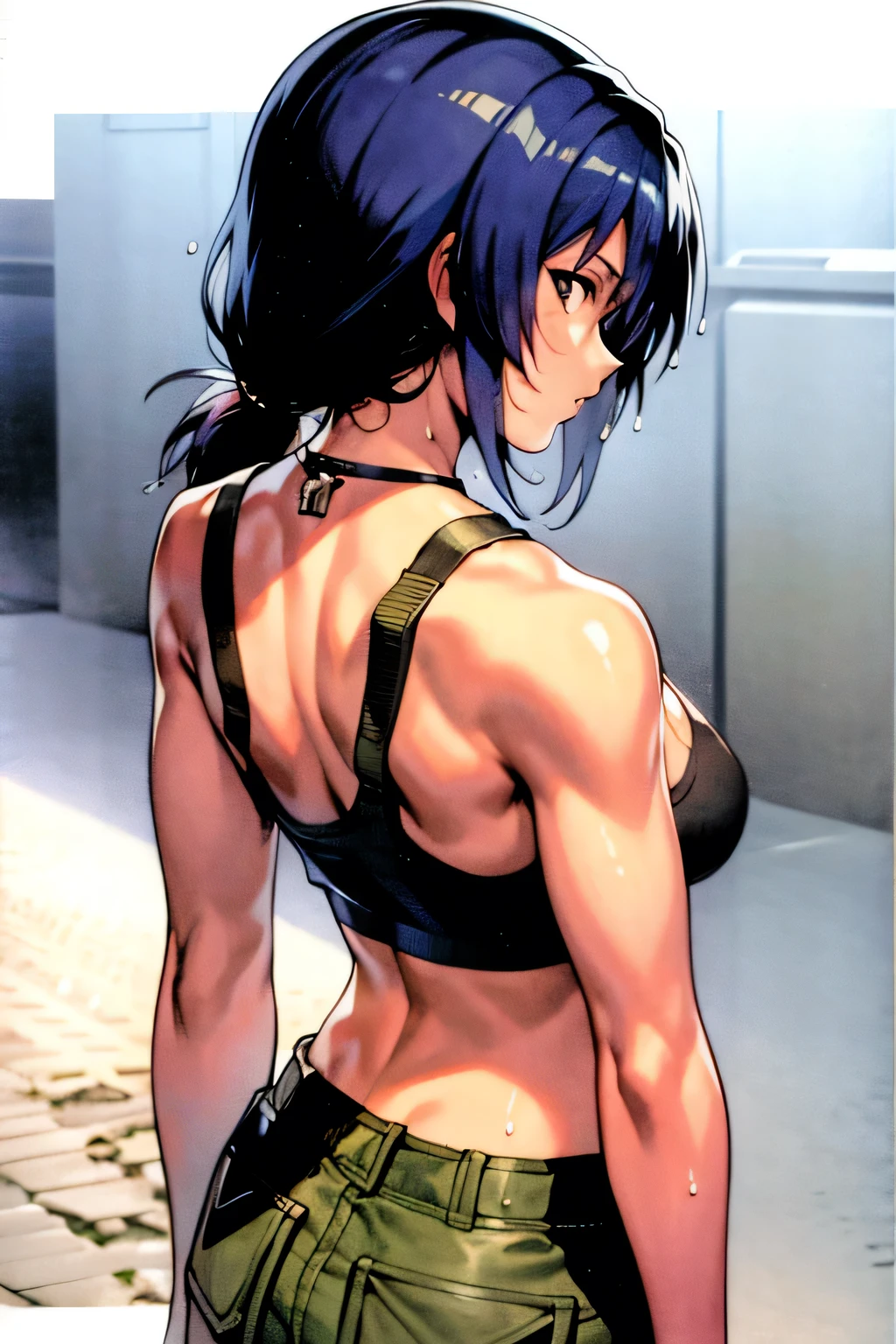 masterpiece, best quality, anime 1990s \(style\, leona heidern, tank top, short, desert, army, cammo. pony tail, wet, serious.