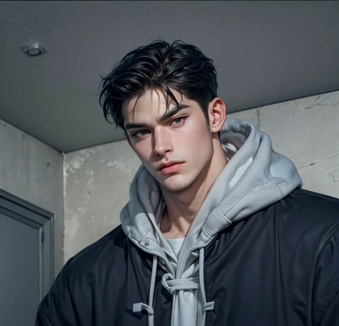 Masterpiece of man, Adult man with firm facial features like an Dutch, black eye, his nose is sharp, mature, black eyes, neat short balck hair, very handsome, white, clean, smooth skin, muscle body realistic, unreal engine