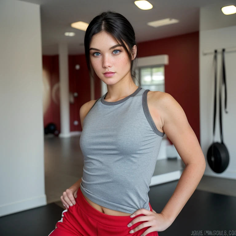 Front full bodyshot of 21yo, Black hair, slightly bluish eyes, pointing at camera, serious, (amazing skin detail: 1.4), (natural skin: 1.2), (pores: 0.6), makeup, (detailed eyes: 1.2), at the fitness studio, light border, dark atmosphere, (bokeh: 1.2), photography, cinematic, photorealistic, ultrarealistic, fit girl, joga red pants, transparent tanktop, perfect figure, perfect anatomy