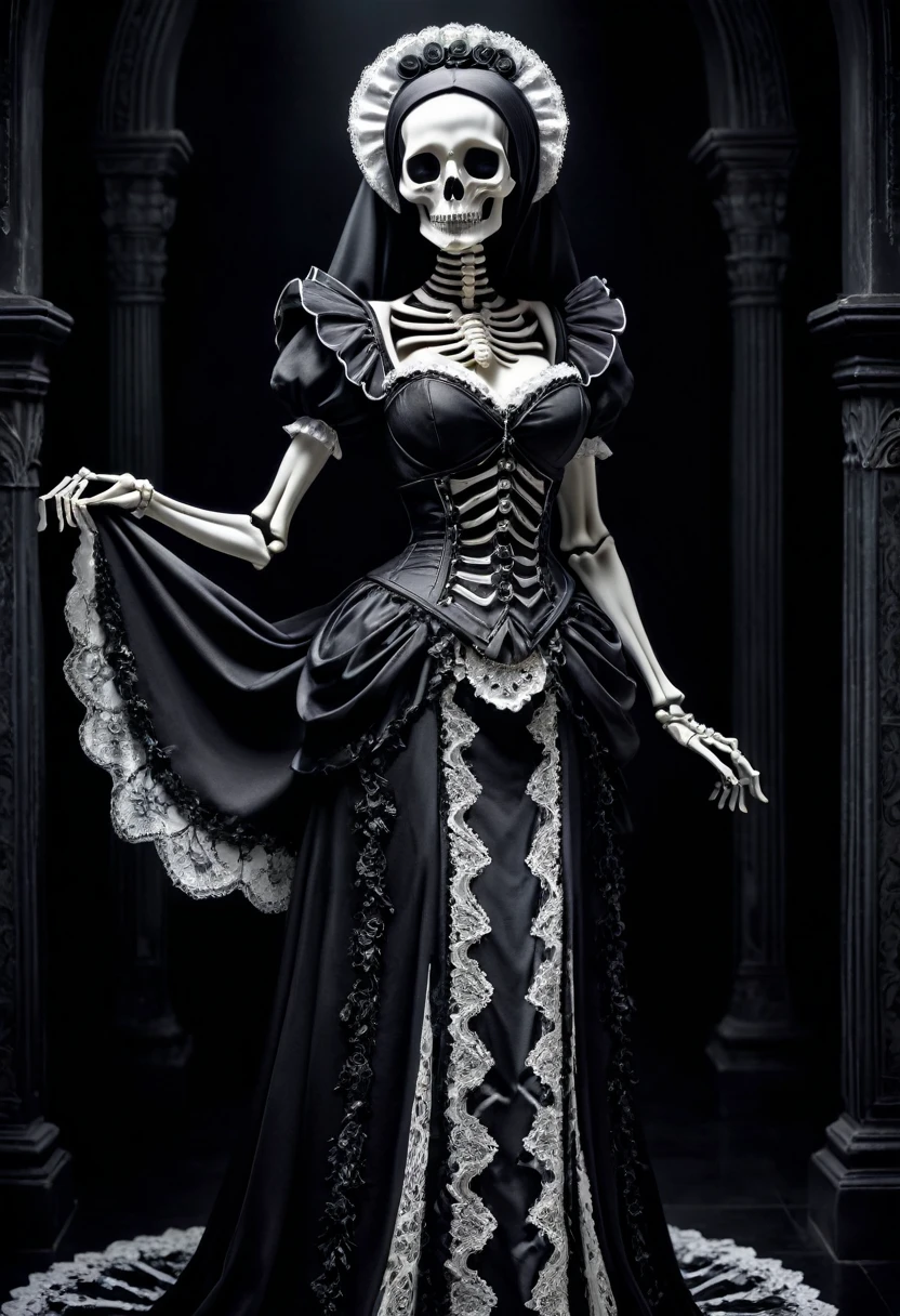 a skeleton grim reaper wearing a maid outfit, surreal, whimsical, female skeleton, detailed anatomy, intricate bone structure, elegant porcelain skin, ornate gothic dress, lace trim, black and white color scheme, dramatic lighting, dark fantasy, highly detailed, cinematic composition, masterpiece, photorealistic，Xill，fullbody