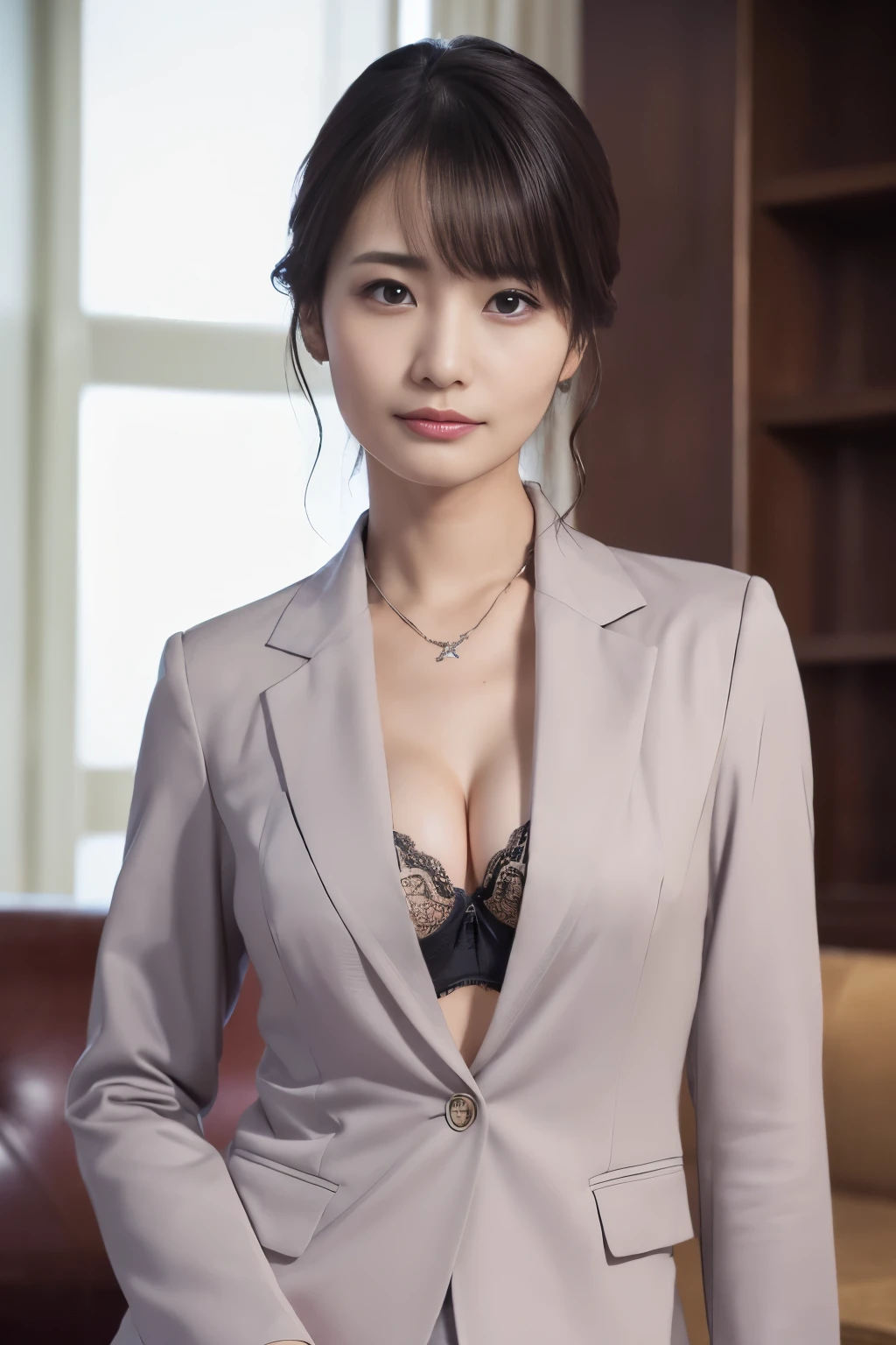 neckless,ring,((small breast)),realistic,(ultra quality:1.2),50yo japanese,high quality,masterpiece,(ultra detailed:1.4),japanese lady,beautiful eye,beautiful face,(realistic bra:1.5),((living room)),(slender:1.3),highres,make up,(skirt suit:1.3),real background,dark color
