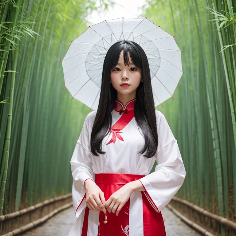 highest quality, masterpiece, High resolution, One girl, Perfect Face、Long Black Hair、White and red cheongsam、In the bamboo forest、rain、Paper lanterns line the road under Japanese umbrellas。Real Image