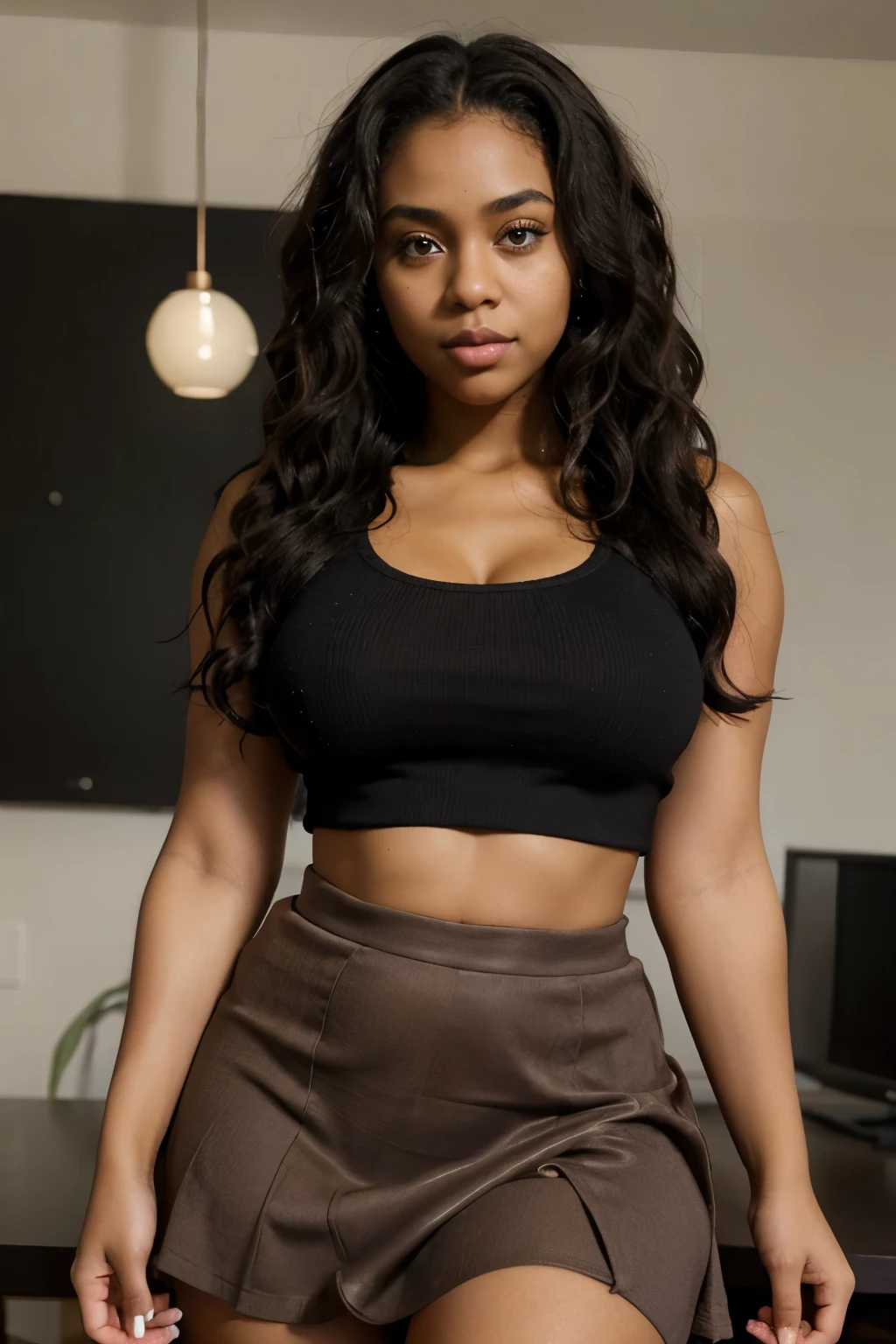 Black girl , wavy hair , big eyes , brown eyes , thick body, sexy body ,realistic , human , wearing crop top an a skirt that shows her pussyfooted