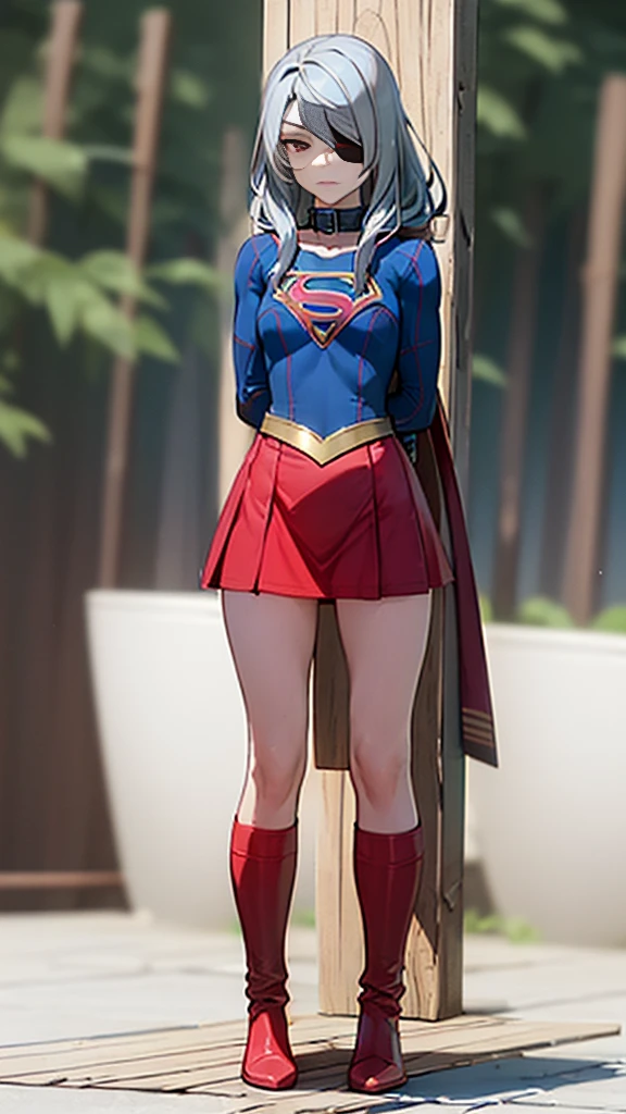 (whole body), (masterpiece:1.2), (Highest_quality:1.2), (Ultra_detailed:1.3), 8k,Low Angle，From below，Big ass girl, Frustrated face，Glare，Watch the audience，Mid-chest, barefoot，Red long boots，3D Rendering,( Supergirl)，Laura Bodewig, Long Hair, (Red eyes:1.3), Grey Hair, Eye patch,Red Skirt，The skirt is short,，A blue leotard is visible under the skirt.，The skirt is blown away by the wind，Red Cape，gloves，Simple Background，White Background，(STANDING BY WOODEN POLE)，Iron Collar, Put your arms behind your back, Iron Cuffs, bondage, bound,