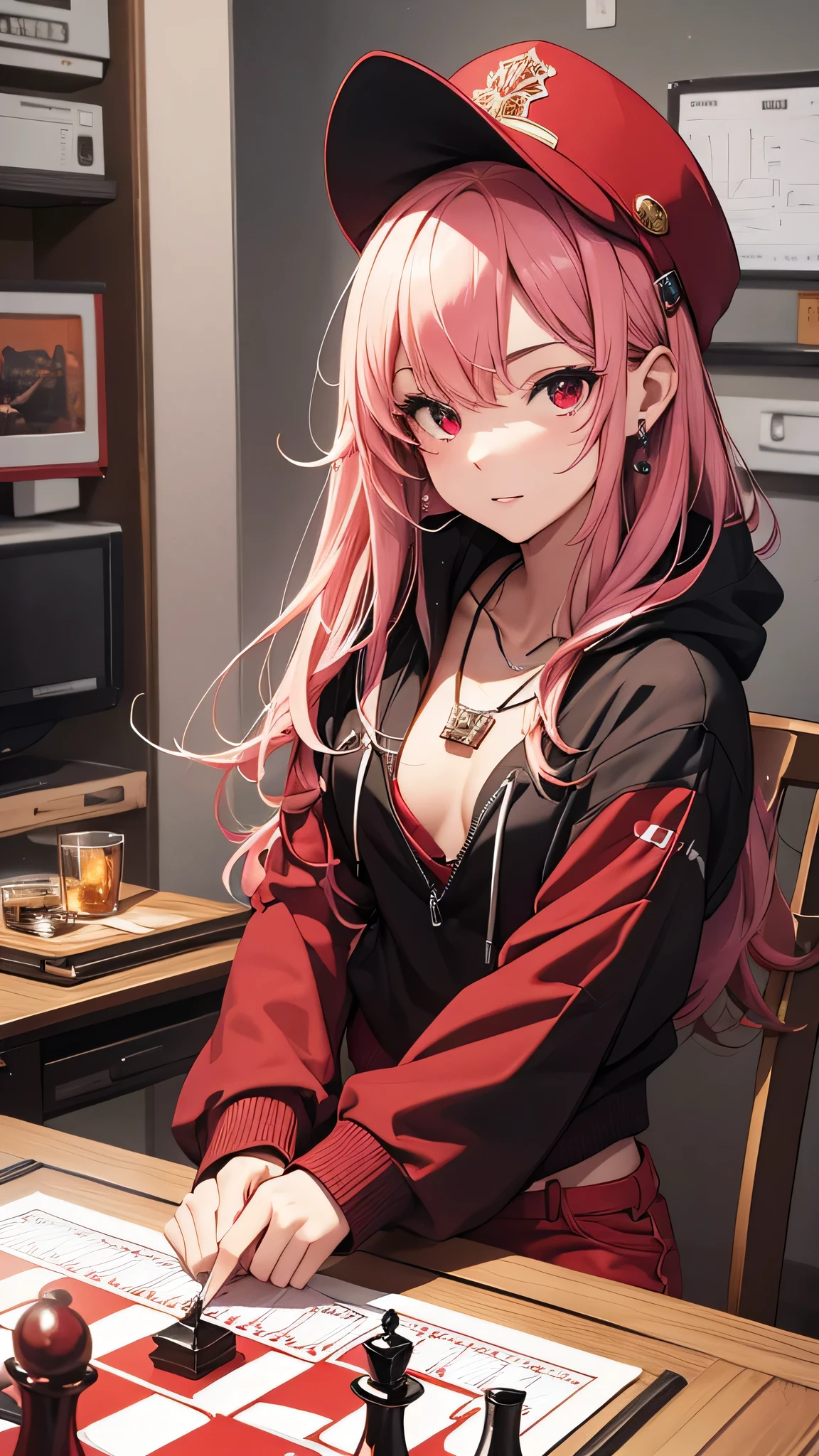 Highest quality、Highest quality、Masterpiece、girl((Metal body,Age 25、as soon as、Highest Bust、Medium Bust、Wide open chest、Red glowing eyes、Black Ear、Red Mesh、Disheveled Hair、Loincloth、thin、The best valley、Open chest、Red Cape、hair ornaments、Full body view、Black short-sleeved hoodie、Red pants、Ruby Necklace、No underwear、hat,Intoxication、Sit on a chair、Crossing your legs))、high quality、Beautiful Art、background((night、Red room、Cool chair,Cool chess board、table、red wine))、flight、Flying Debris、Depth of text、movie、Visual Arts、Perfect Art、8K、Genuine、
