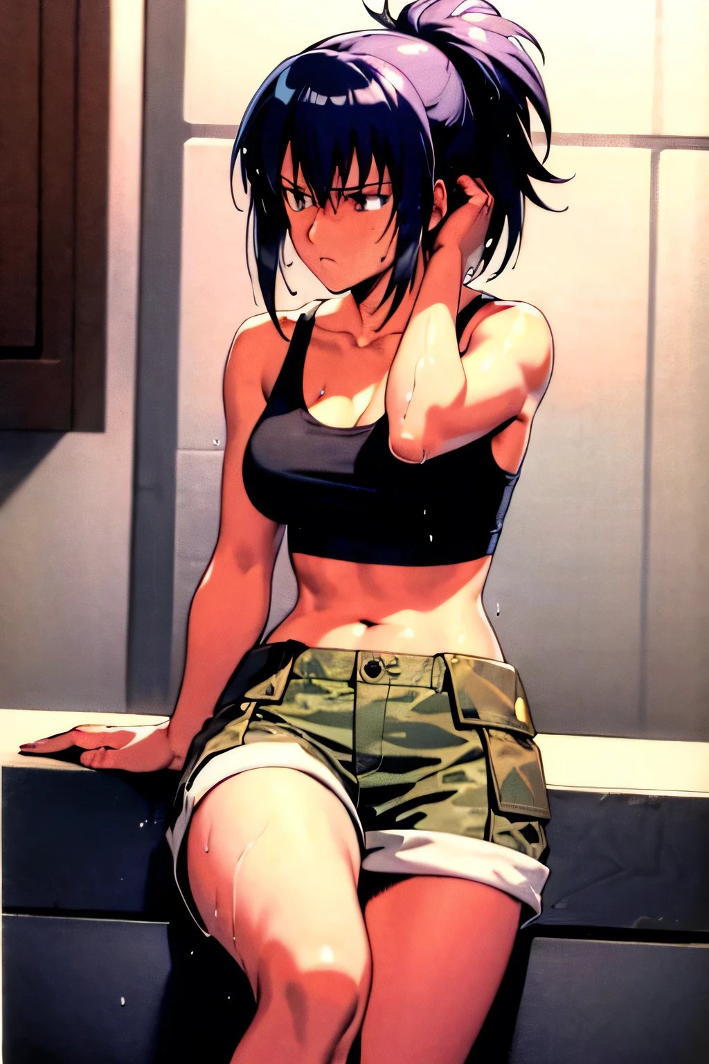 masterpiece, best quality, anime 1990s \(style\, leona heidern, tank top, short, desert, army, cammo. pony tail, wet, serious, soldier.