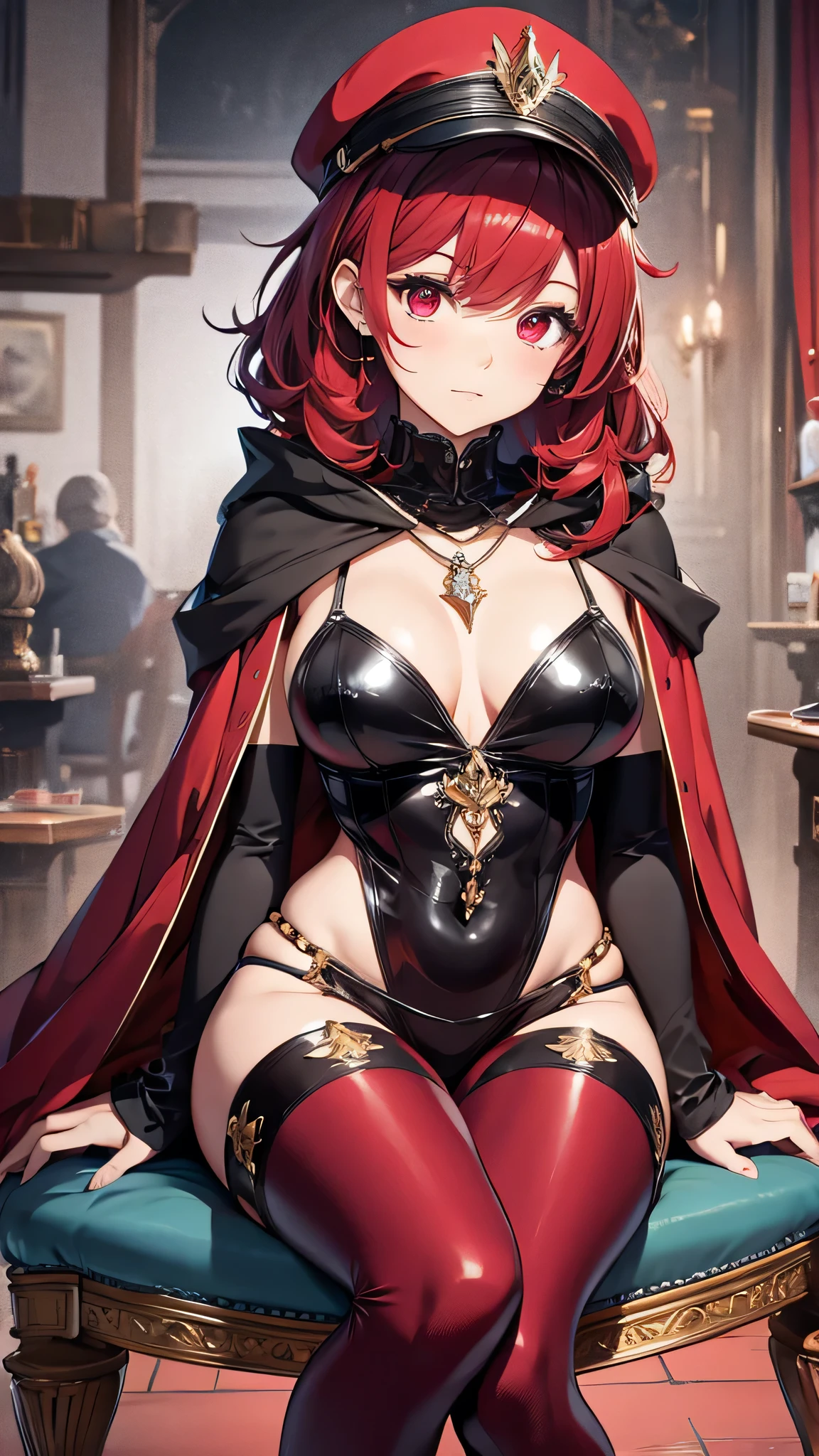 Highest quality、Highest quality、Masterpiece、girl((Metal body,Age 25、as soon as、Highest Bust、Medium Bust、Wide open chest、Red glowing eyes、Black Ear、Red Mesh、Disheveled Hair、Loincloth、thin、The best valley、Open chest、Red Cape、hair ornaments、Full body view、Black short-sleeved hoodie、Red pants、Ruby Necklace、No underwear、hat,Intoxication、Sit on a chair、Crossing your legs))、high quality、Beautiful Art、background((night、Red room、Cool chair,Cool chess board、table、red wine))、flight、Flying Debris、Depth of text、movie、Visual Arts、Perfect Art、8K、Genuine、