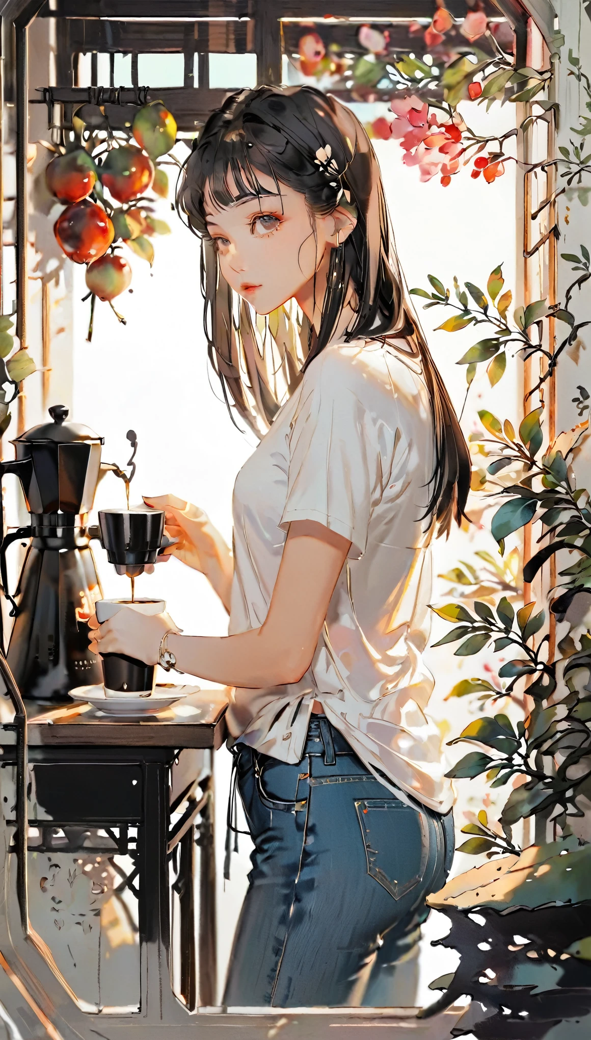 paper cutting style, 1 girl, black medium hair, straight hair, white T-shirts, denim, coffee , portfolio, from side