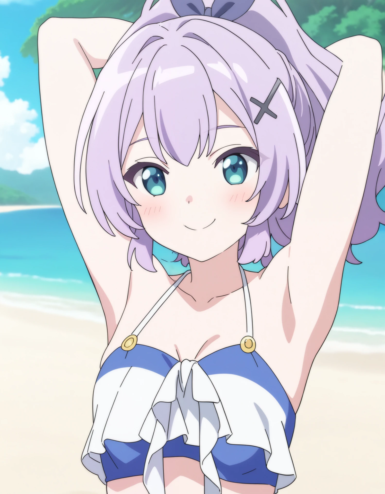 /javelin_slow_ahead/, /bikini_outfit/, upper body, arms behind head, 1girl, smiling, blush, best quality, newest, anime screencap, beach