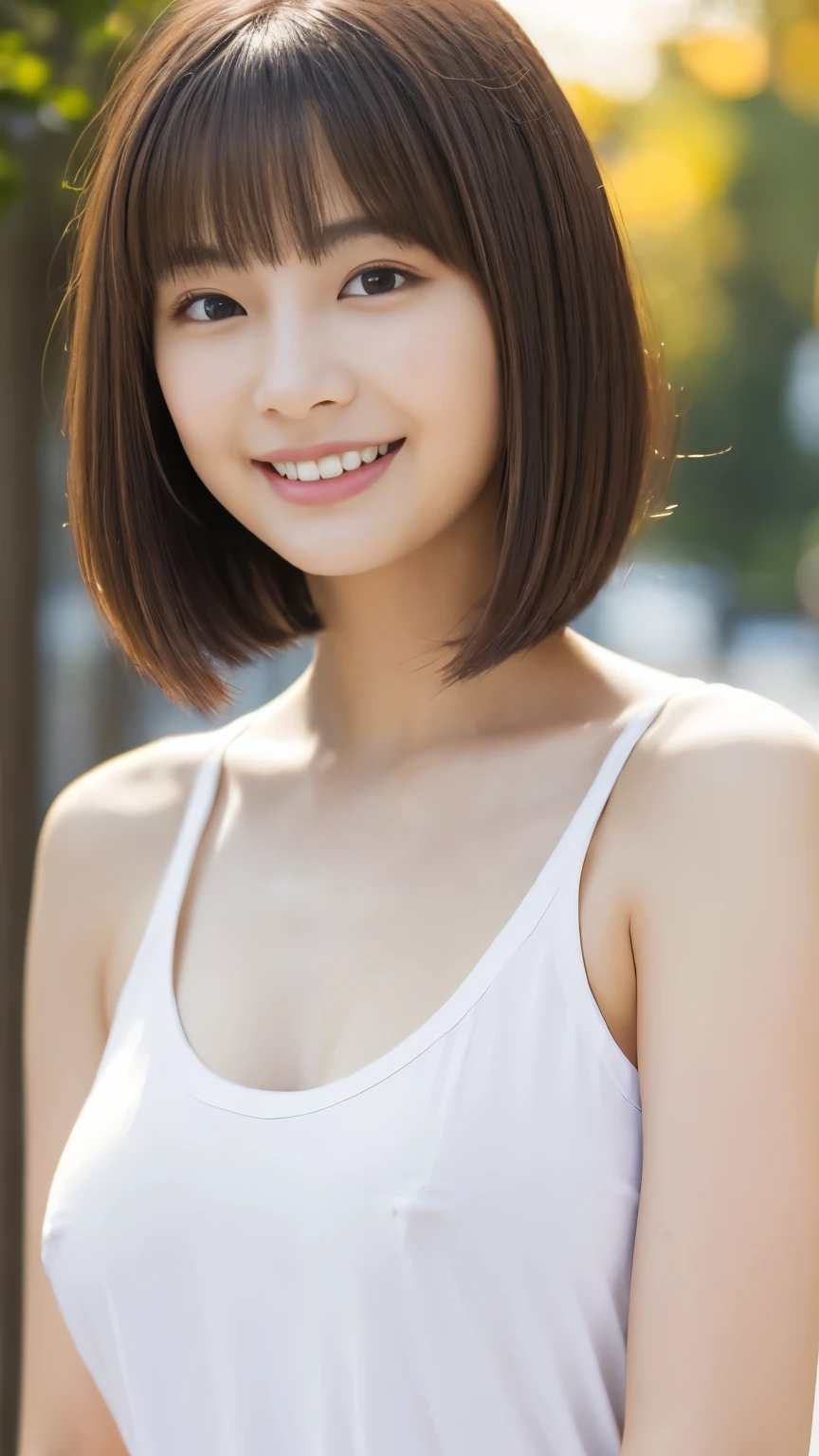 masterpiece, best quality, ultra high res, ultra detailed, sharp focus, 1girl, solo, a stunning pretty and beautiful Japanese sexy model, 19yo, looking at viewer:1.3, (bright smile:0.6), wearing a (blouse), dusk, sunset, night, realistic, slender, (standing:1.1), (looking at the viewer:1.3), sexy gaze, blush, asymmetrical bangs, light brown hair, ((Pure white tank top、Hands behind head、smile:1.5、Short Hair))、(((Nipples protruding)))