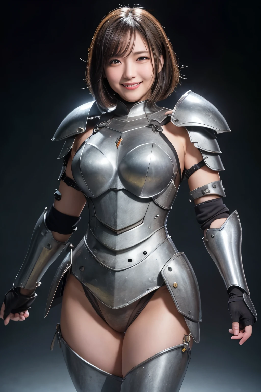 highest quality, masterpiece, Ultra-high resolution, (Reality: 1.4), Original photo, 1 woman, mature, thin smile, short hair, plump body, , Cinema Lighting, from below,Medieval warrior、iron armor、Armor with an open chest、open legs, (Foreign object insertion in pussy:1.3), love juice, joy smile, Ecstatic face、Climax expression、Deep joy、Ecstatic eyes:1.2, focus crotch:1.4