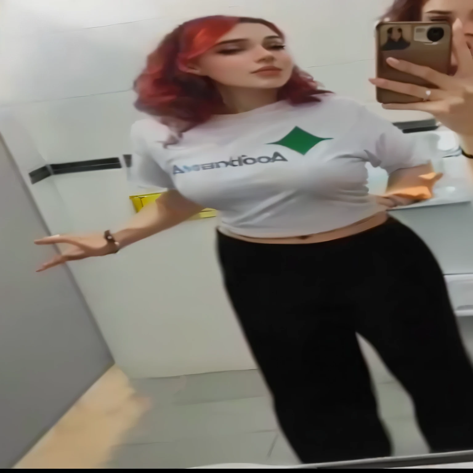 woman taking selfie in front of mirror, у нее thick круглый живот, thick, better known as Amorant, young beautiful Amorant, She is naked, Amorant as a super villain, low quality video, Amorant