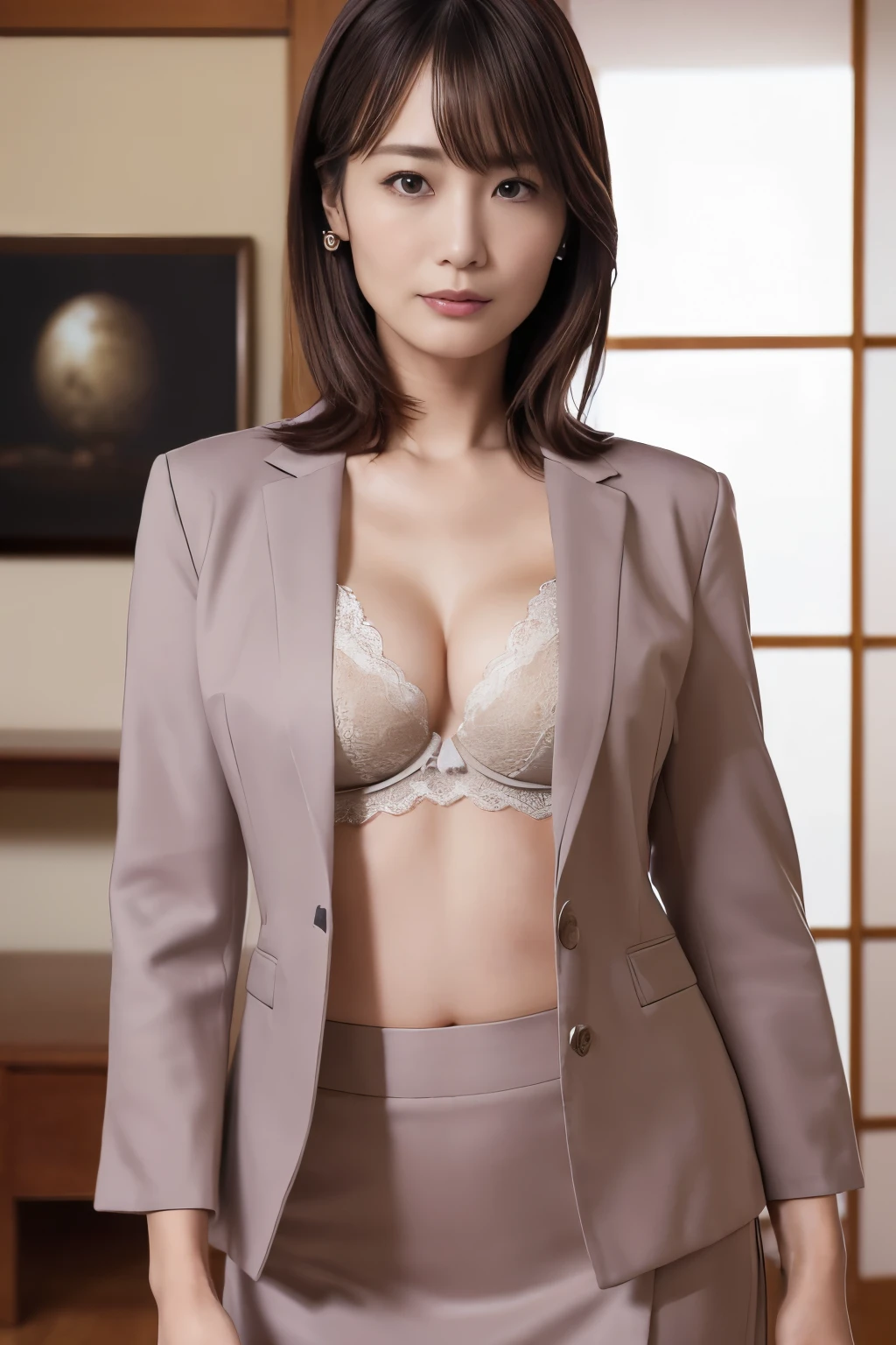 neckless,ring,((small breast)),realistic,(ultra quality:1.2),50yo japanese,high quality,masterpiece,(ultra detailed:1.4),japanese lady,beautiful eye,beautiful face,(realistic bra:1.5),((living room)),(slender:1.3),highres,make up,(skirt suit:1.3),real background,dark color