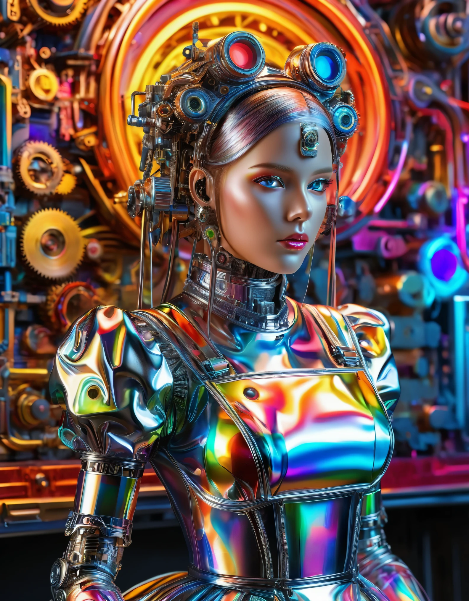 An liquid metal android in colorful maid outfit, dramatic painting, hyper detailed gears and circuitry, intricate mechanical design, glowing neon eyes, vivid colors, chrome finish, sharp focus, 8k, masterpiece