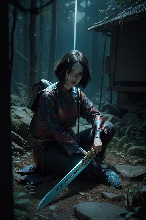 The demon sits on a rock with a batik-patterned sword that glows highlighter blue, cinematic composition, dark and moody color palette, digital painting, highly detailed, photorealistic, 8k, masterpiece, horror, Mythology, adventure, fantasy,demonic, urban legend,legend